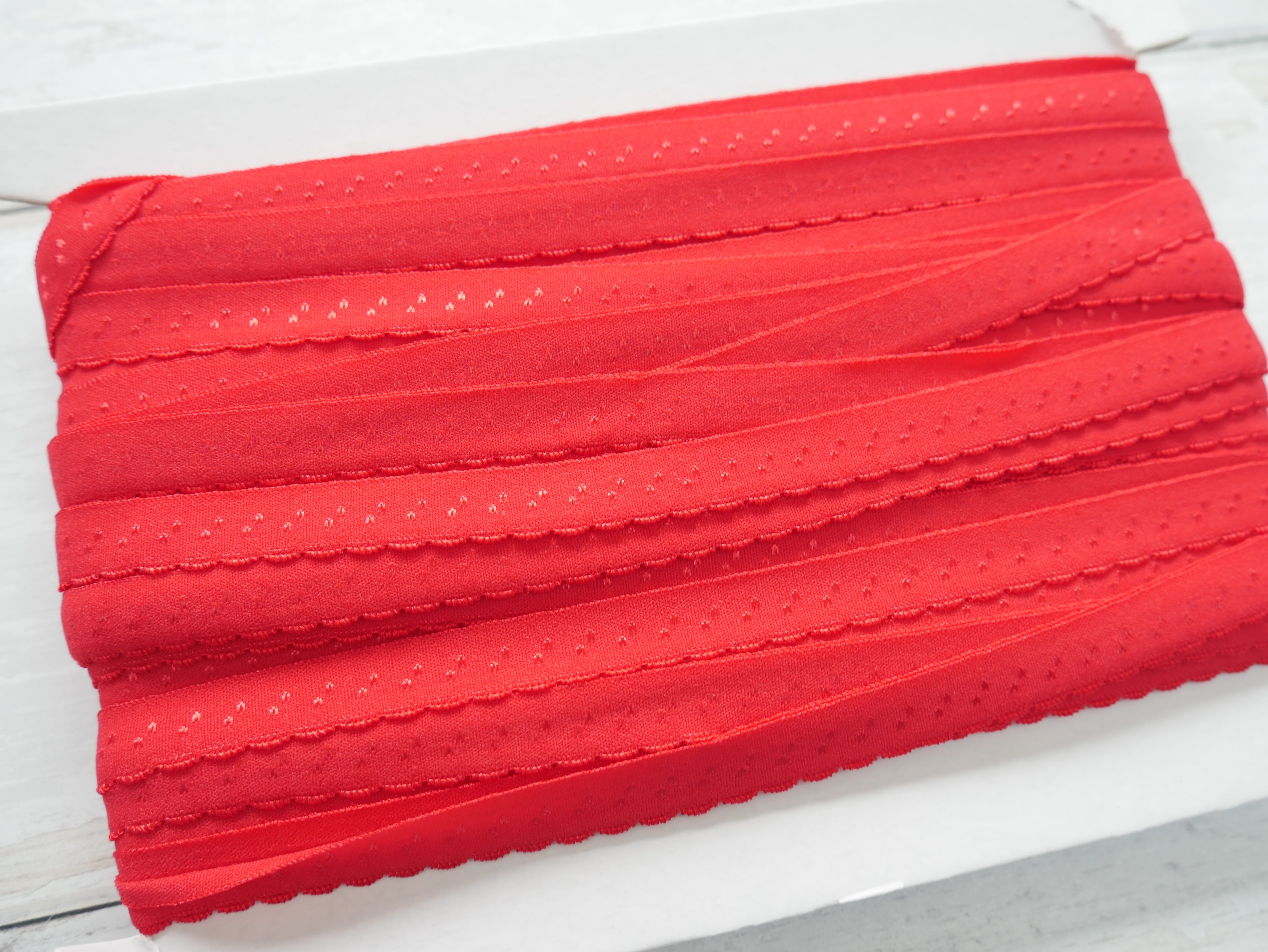 Fold-Over Elastic with Scalloped Edge, 12mm, Red-Haberdashery-Flying Bobbins Haberdashery