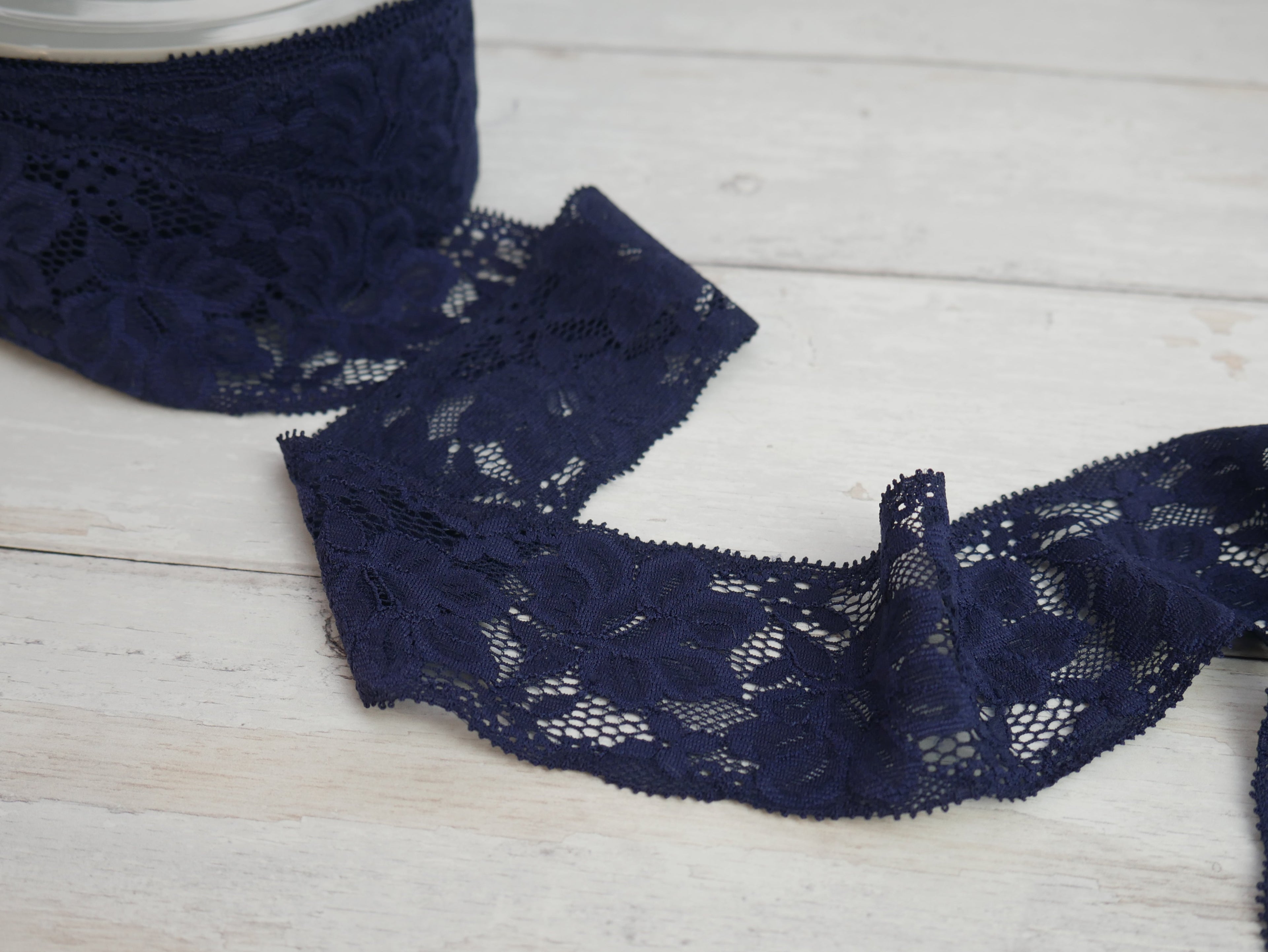 Wide Lace Elastic, 55mm, Navy-Haberdashery-Flying Bobbins Haberdashery
