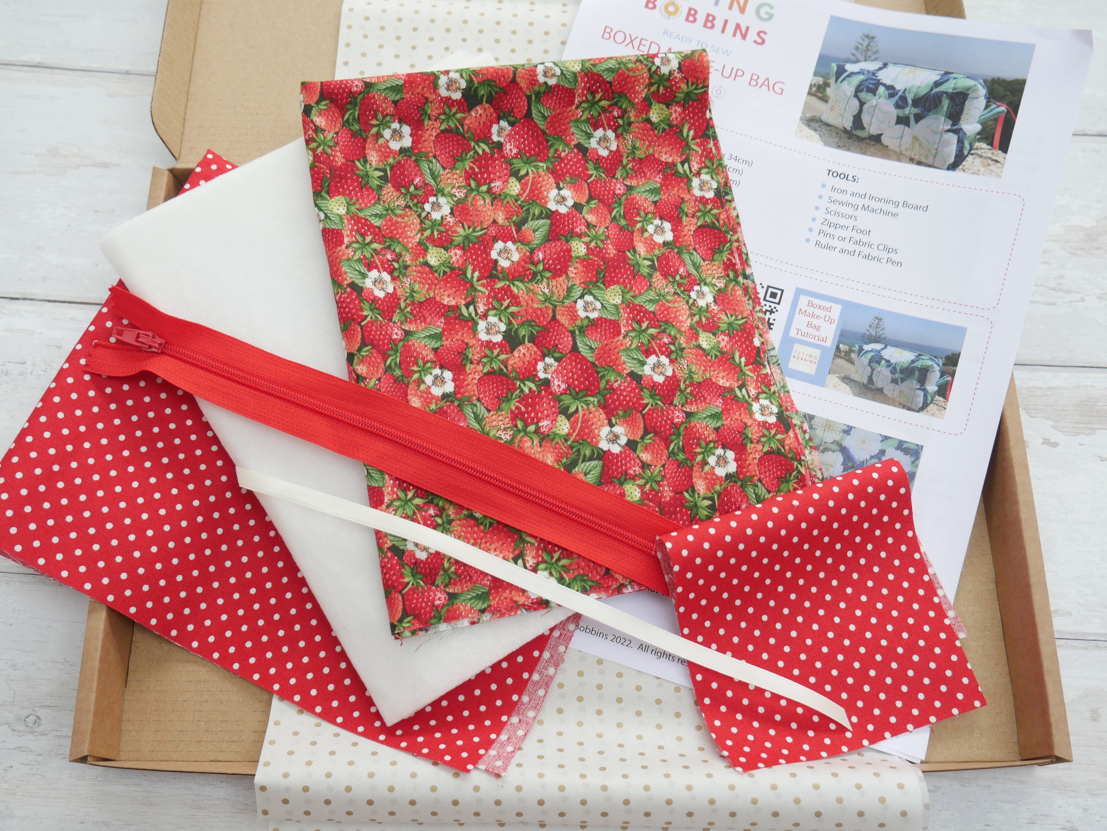 Strawberries Boxed Make-Up Bag Kit-Sewing Kit-Flying Bobbins Haberdashery