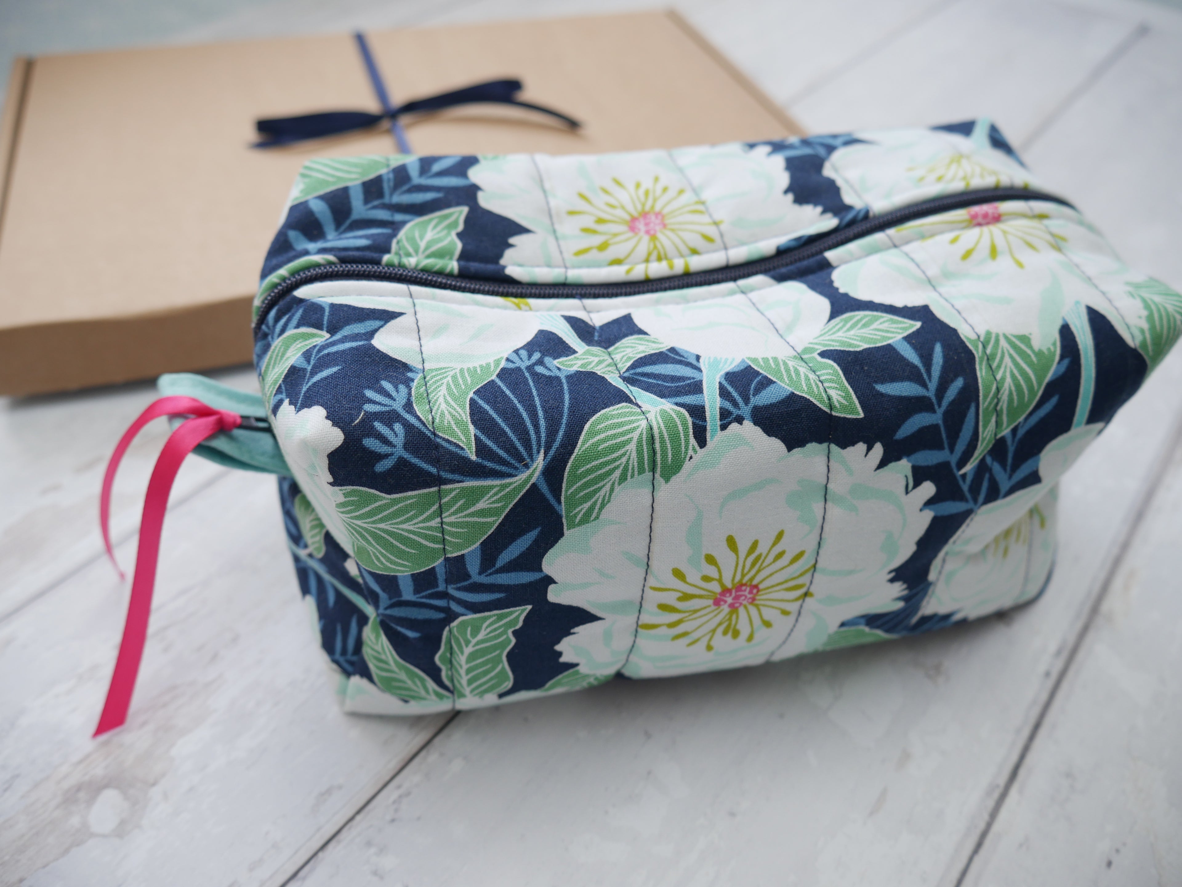 Blue Camellias Boxed Make-Up Bag Kit-Sewing Kit-Flying Bobbins Haberdashery