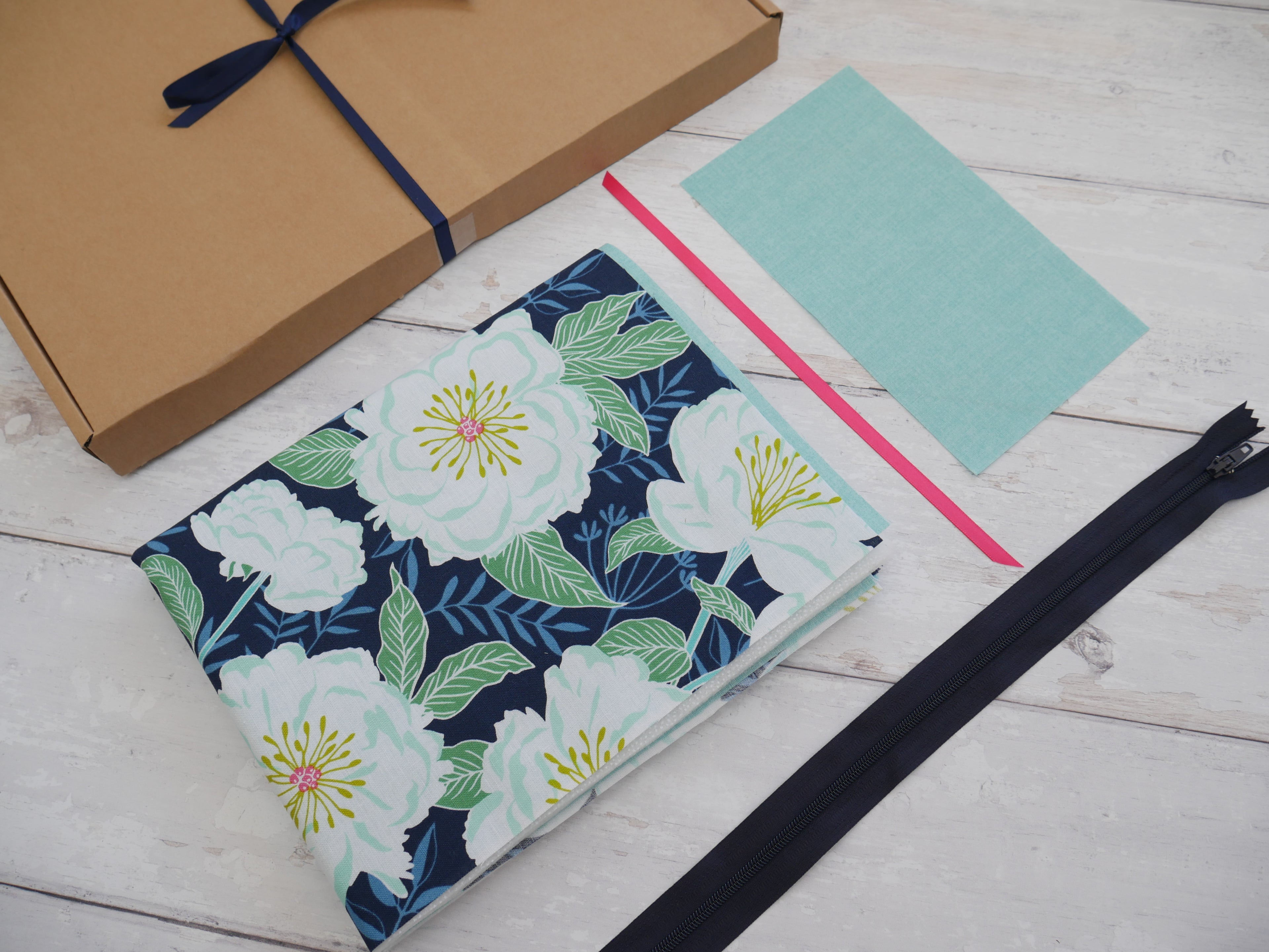 Blue Camellias Boxed Make-Up Bag Kit-Sewing Kit-Flying Bobbins Haberdashery