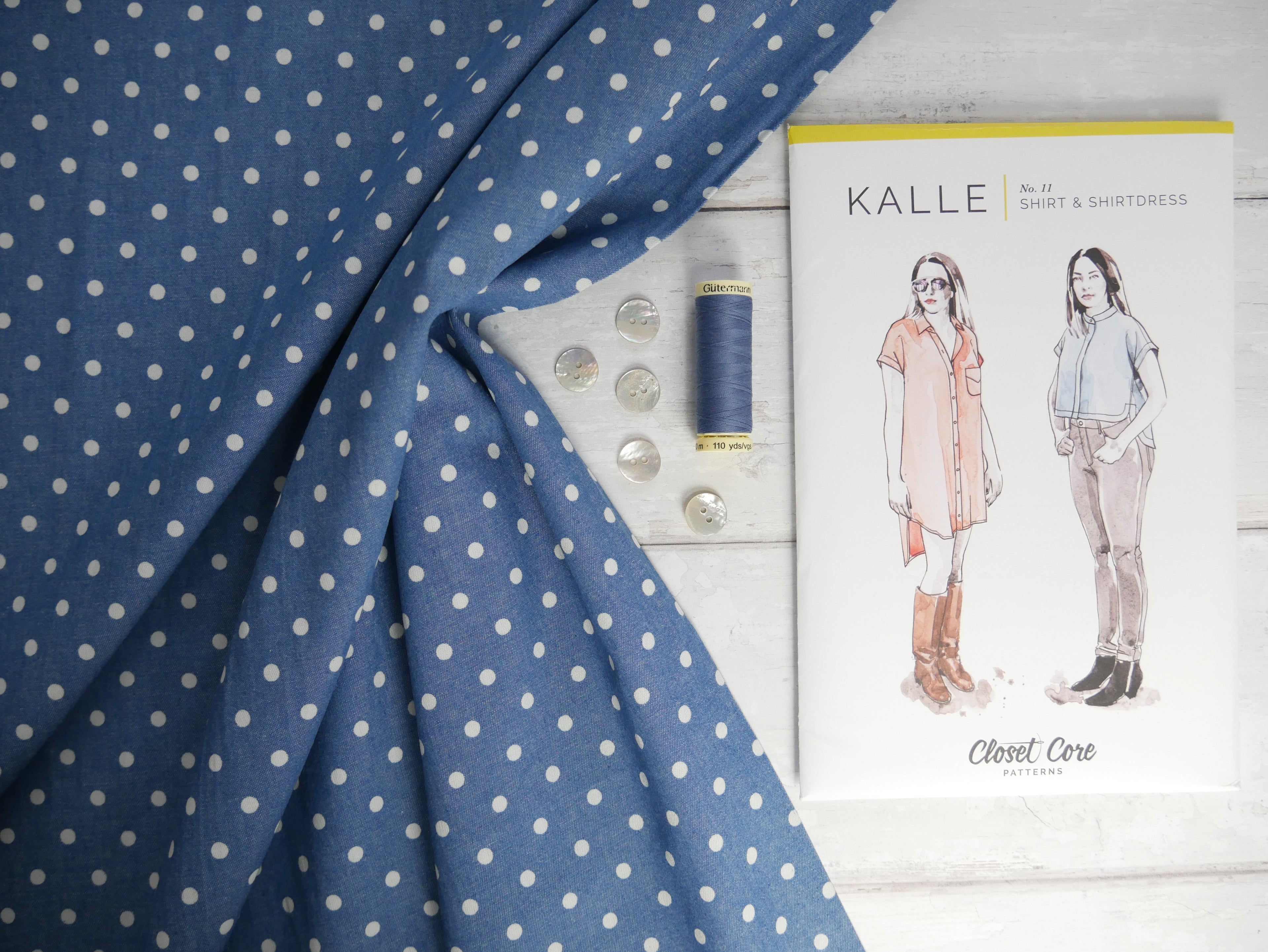 Kalle Shirt Dress Kit - Spot Print Chambray-Flying Bobbins Haberdashery