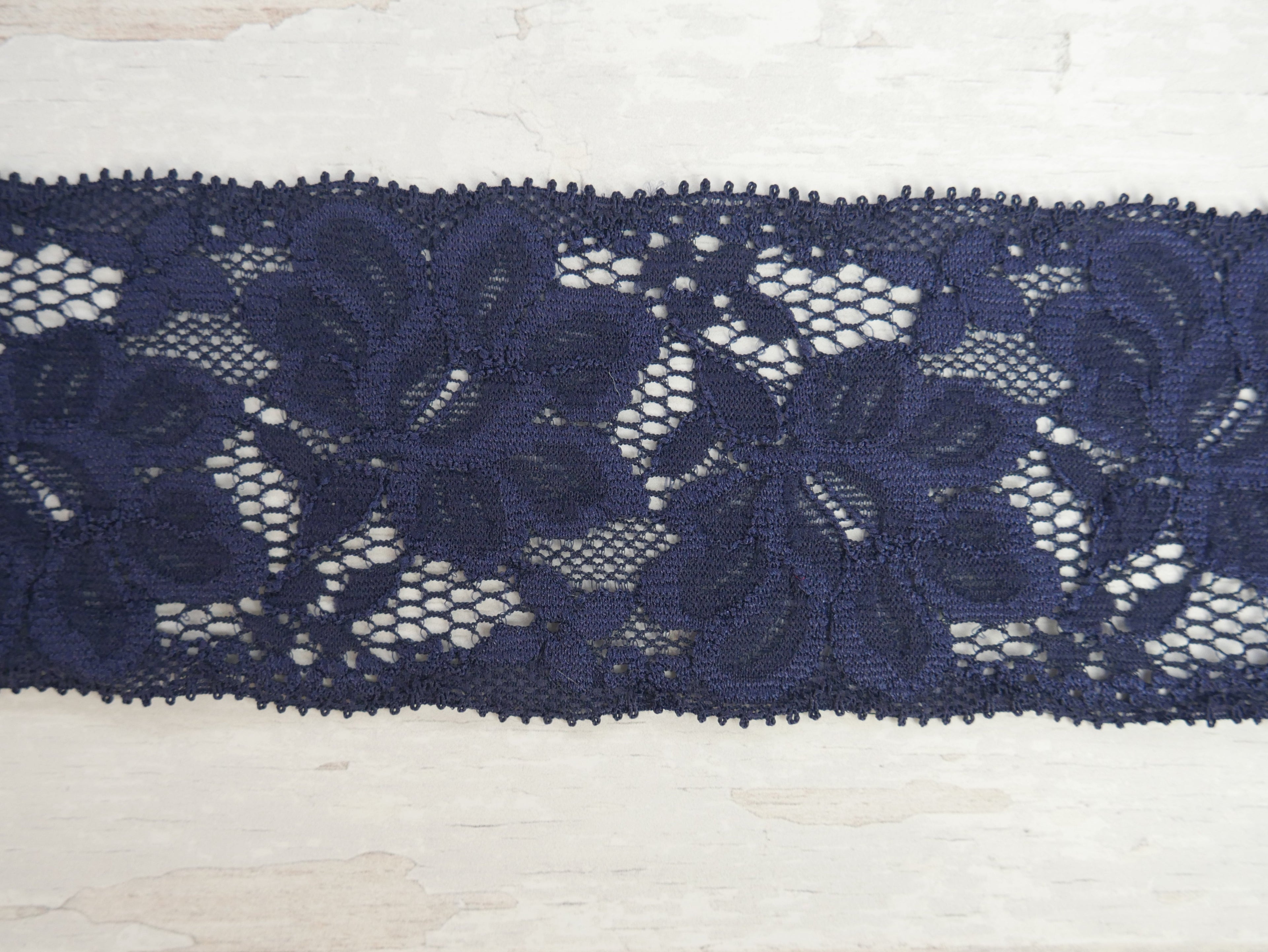 Wide Lace Elastic, 55mm, Navy-Haberdashery-Flying Bobbins Haberdashery