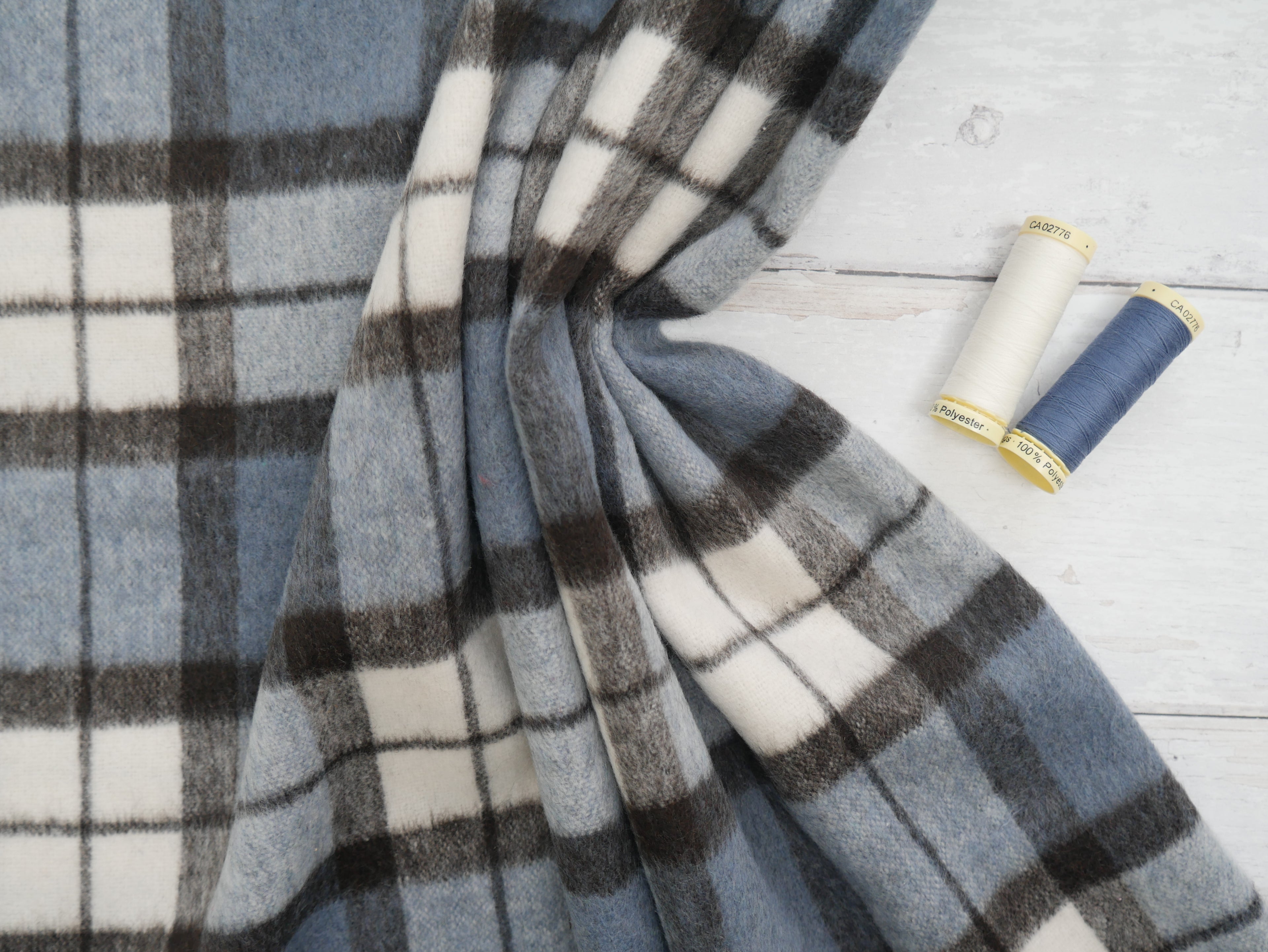 Wool Mix Brushed Check in Sky, £29.50 p/m-Fabric-Flying Bobbins Haberdashery