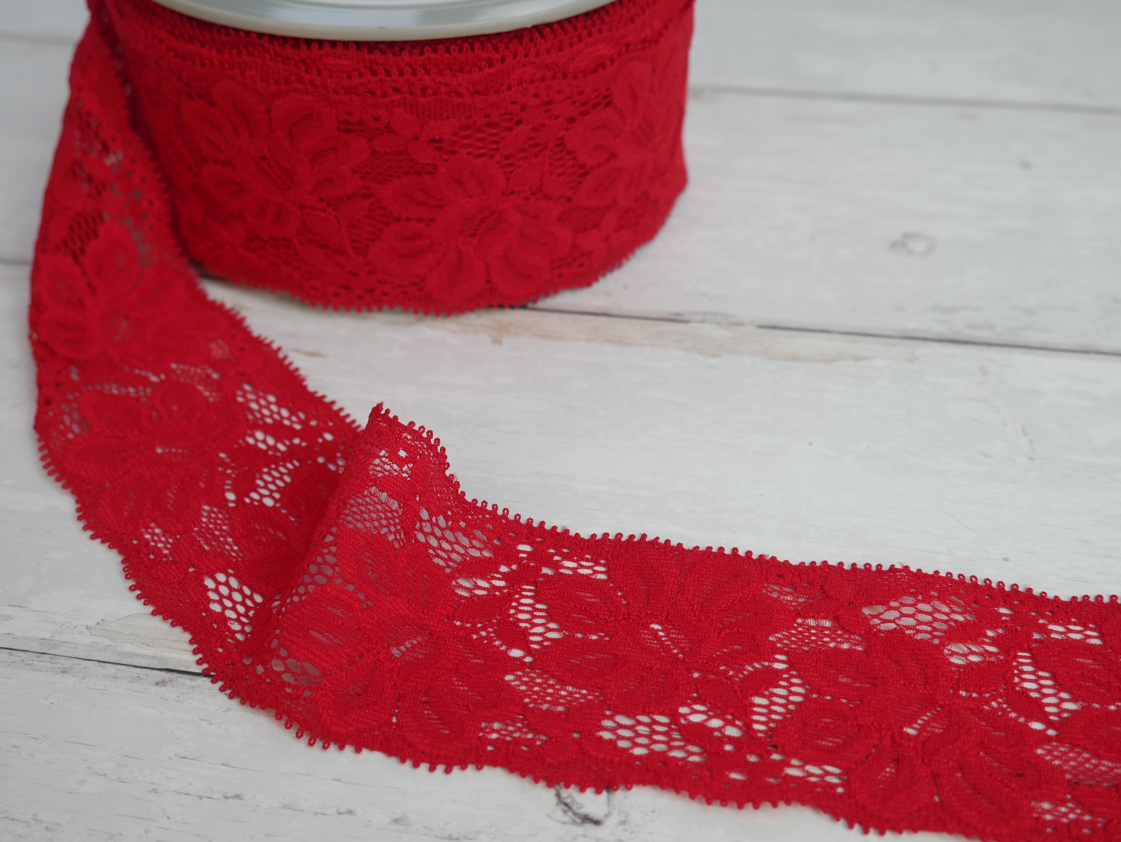 Wide Lace Elastic, 55mm, Red-Haberdashery-Flying Bobbins Haberdashery