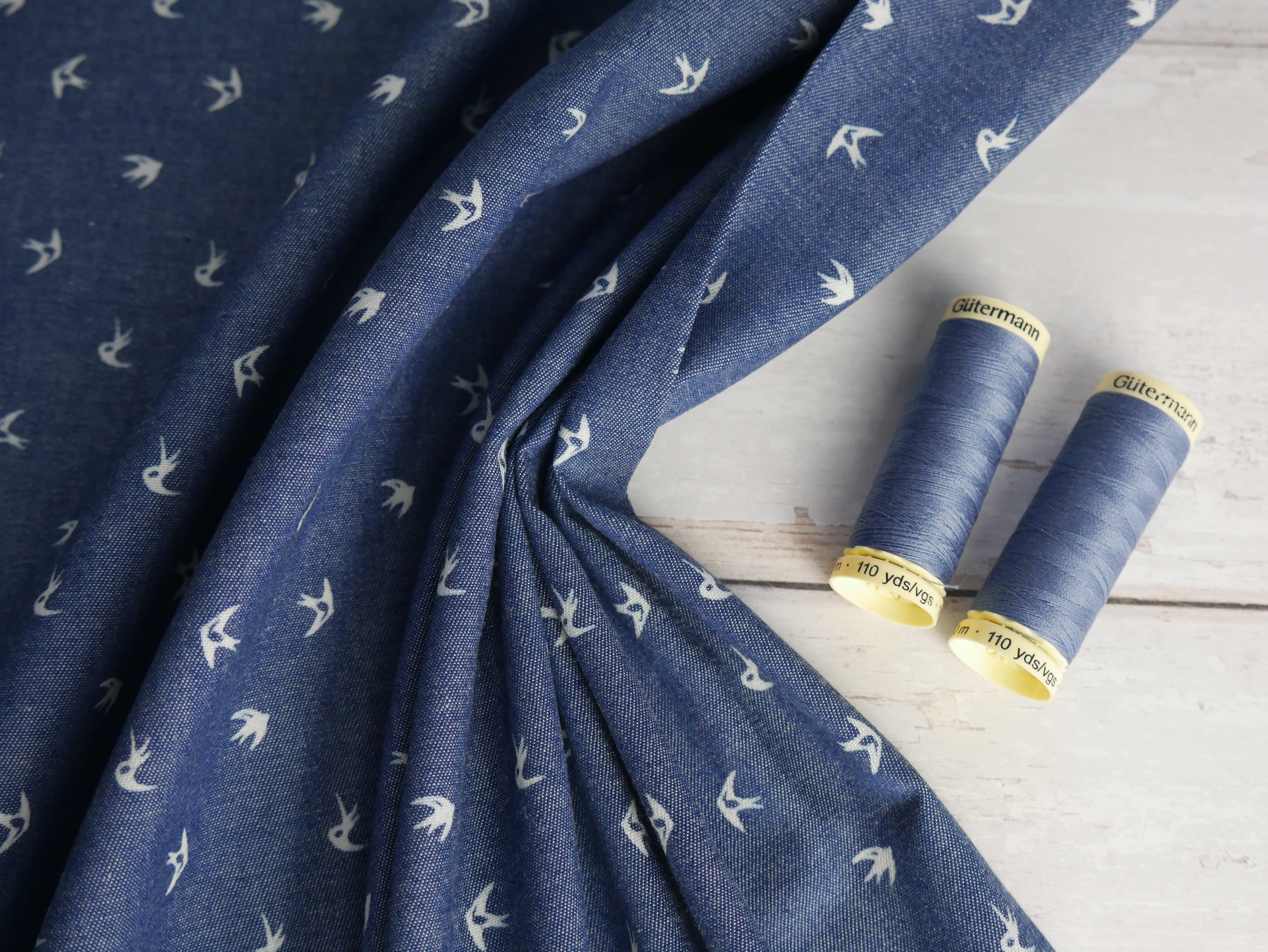 Swallows Print Chambray, £10.00 p/m-Fabric-Flying Bobbins Haberdashery
