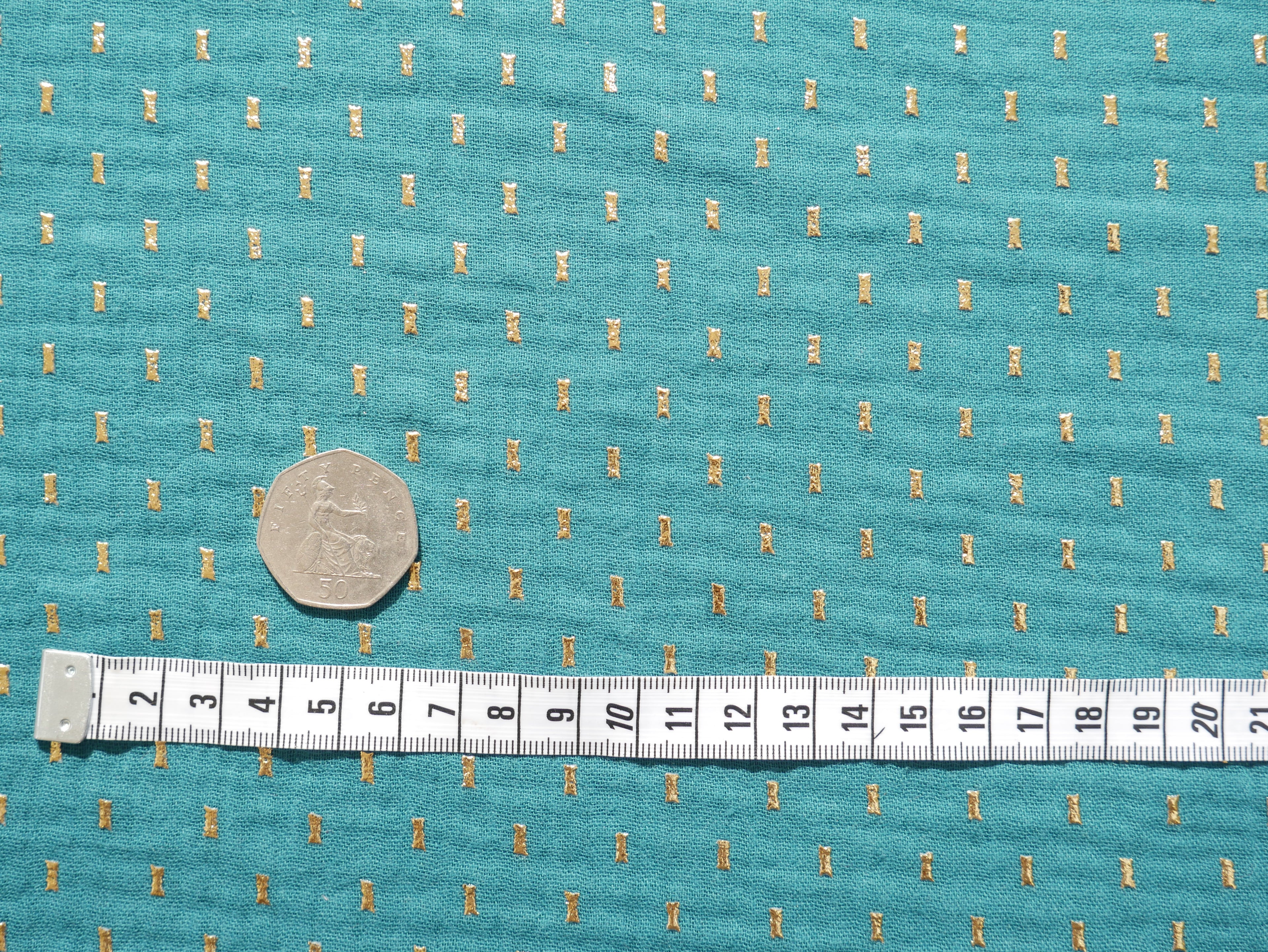 Double Gauze with foil print - Peacock £15 p/m-Fabric-Flying Bobbins Haberdashery