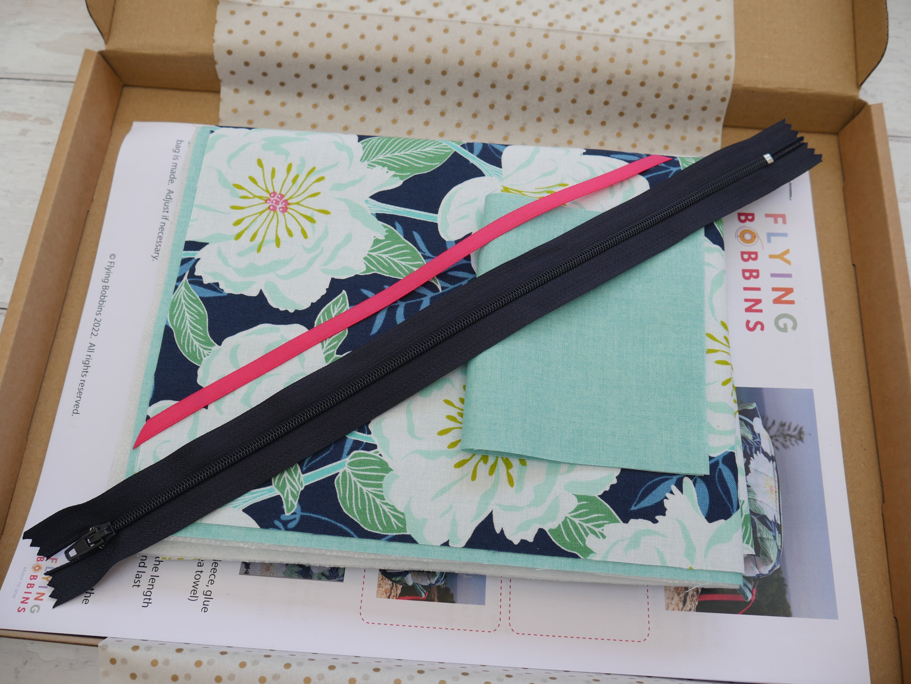 Blue Camellias Boxed Make-Up Bag Kit-Sewing Kit-Flying Bobbins Haberdashery