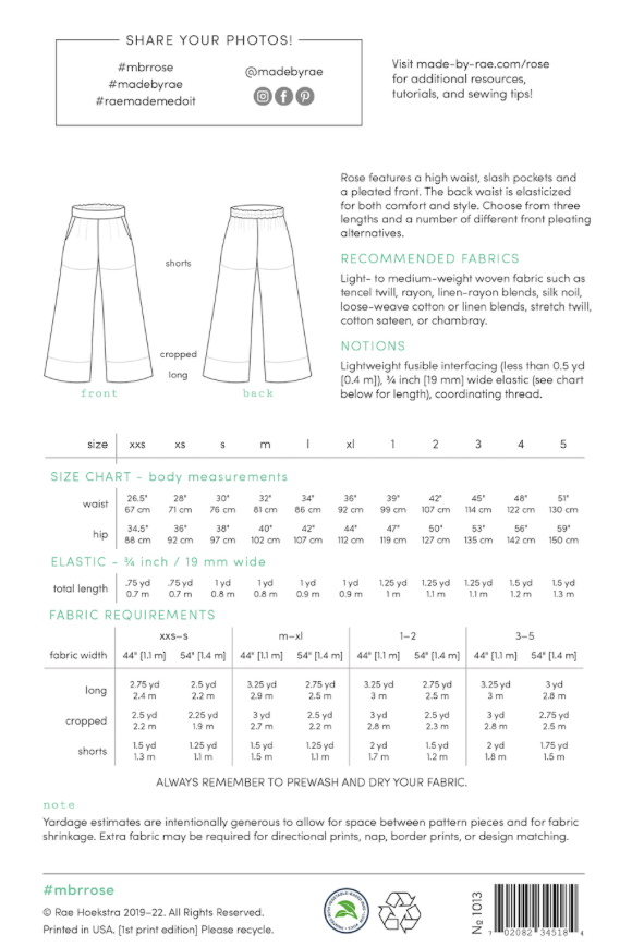 Made by Rae, Rose Trousers - Paper Pattern-Pattern-Flying Bobbins Haberdashery