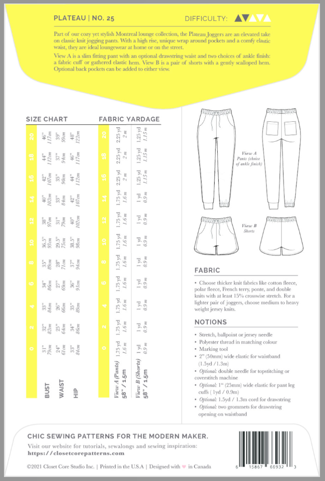 Closet Core Patterns, Plateau Joggers-Pattern-Flying Bobbins Haberdashery