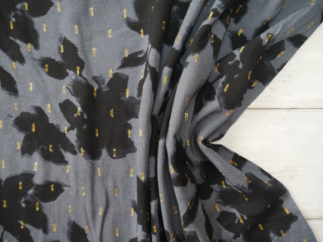 Digital Floral Viscose with Gold Flecks in Blue, £15.00 p/m-Viscose-Flying Bobbins Haberdashery