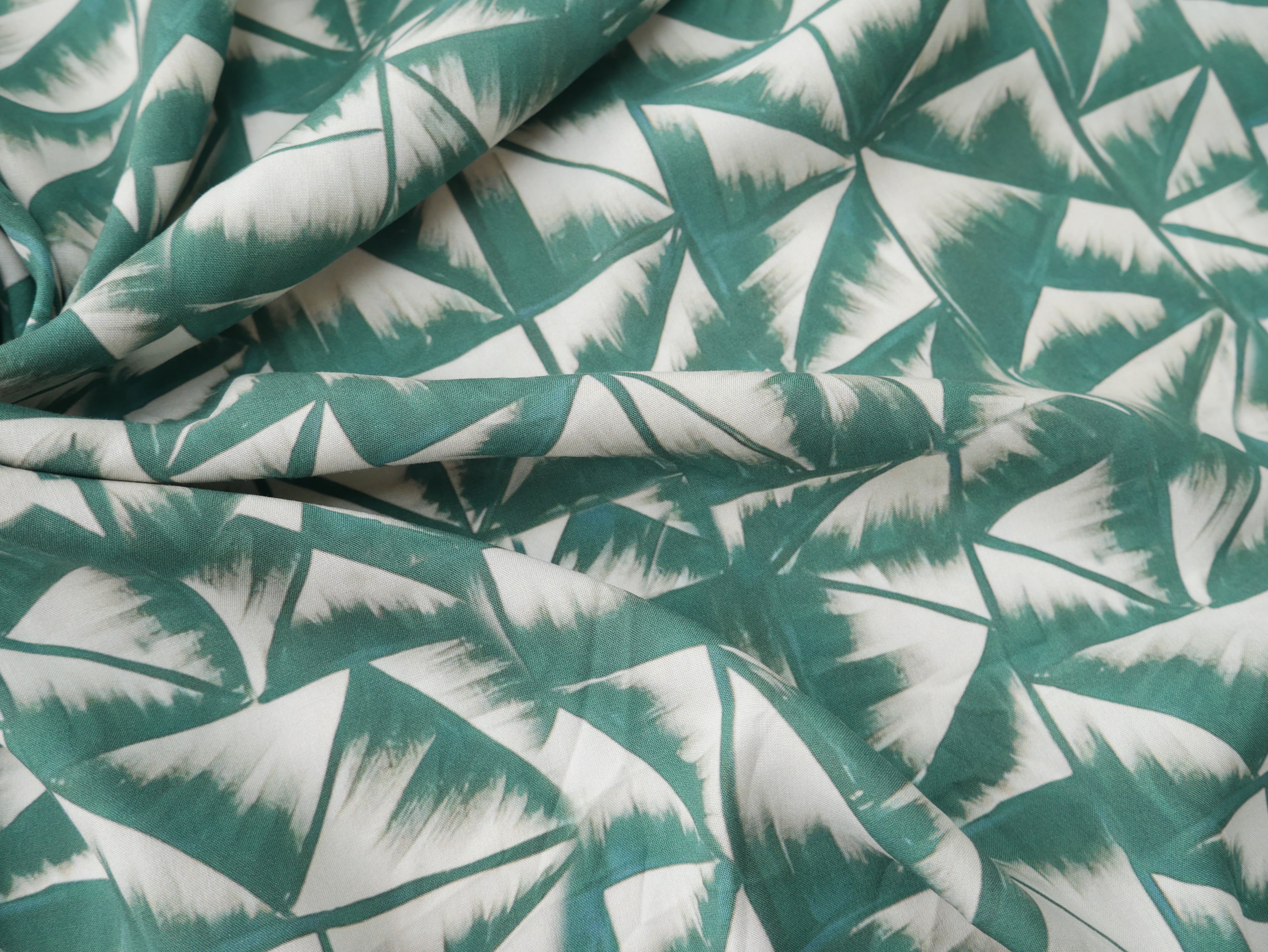 Geometric Print Viscose Challis in Green £12.50 p/m-Viscose-Flying Bobbins Haberdashery