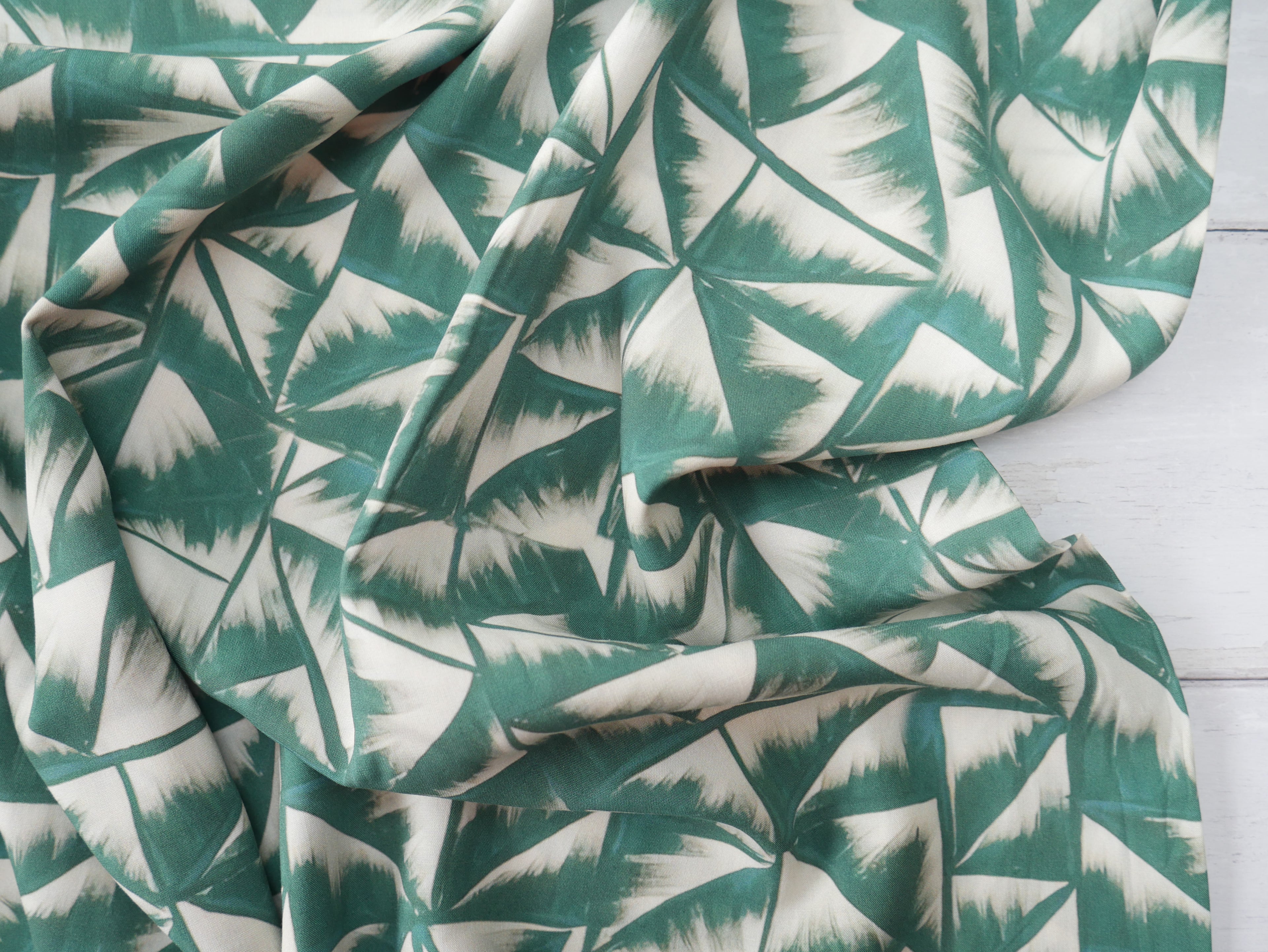 Geometric Print Viscose Challis in Green £12.50 p/m-Viscose-Flying Bobbins Haberdashery