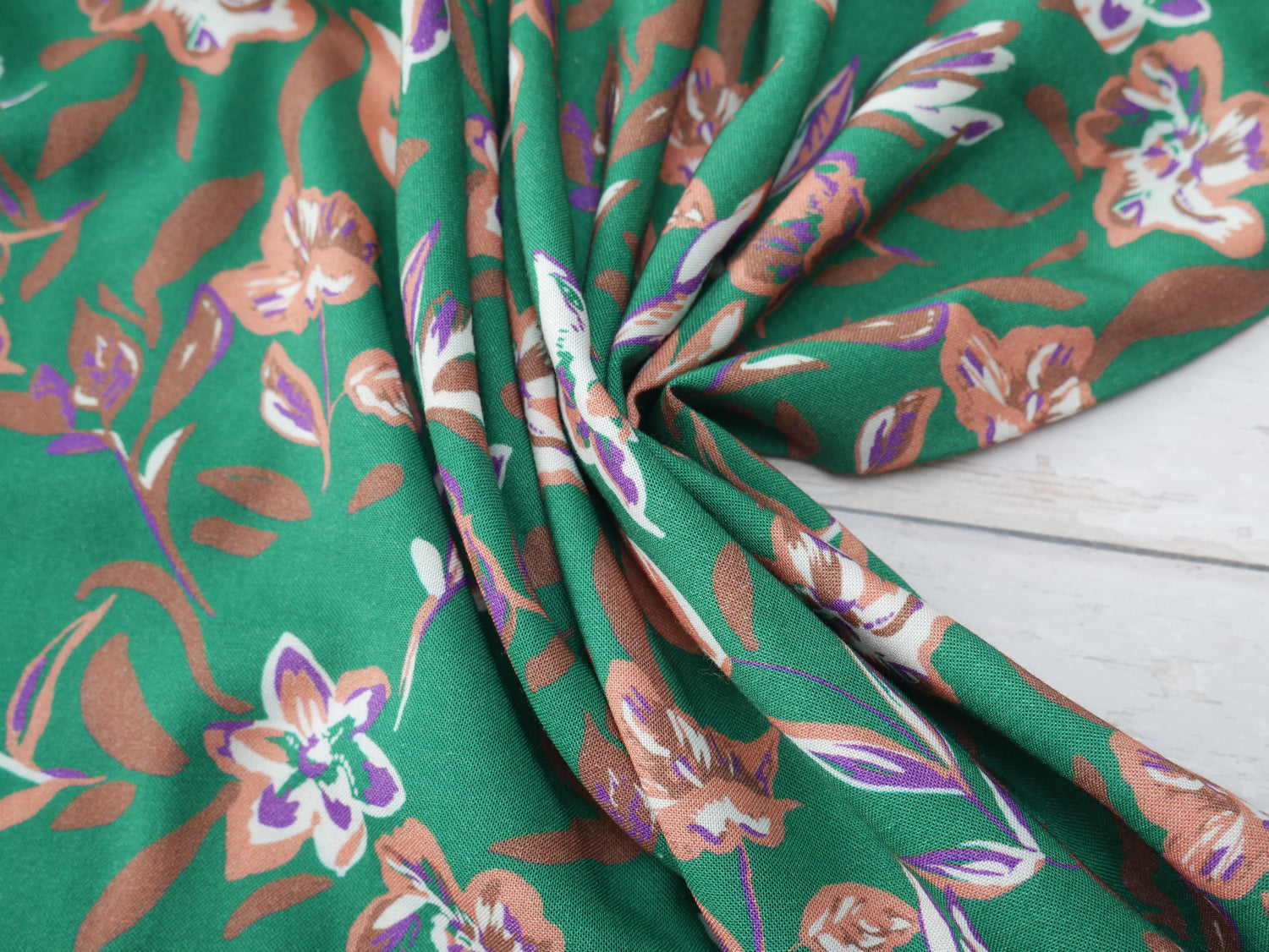 Floral Print Viscose Challis in Green £13.00 p/m-Viscose-Flying Bobbins Haberdashery