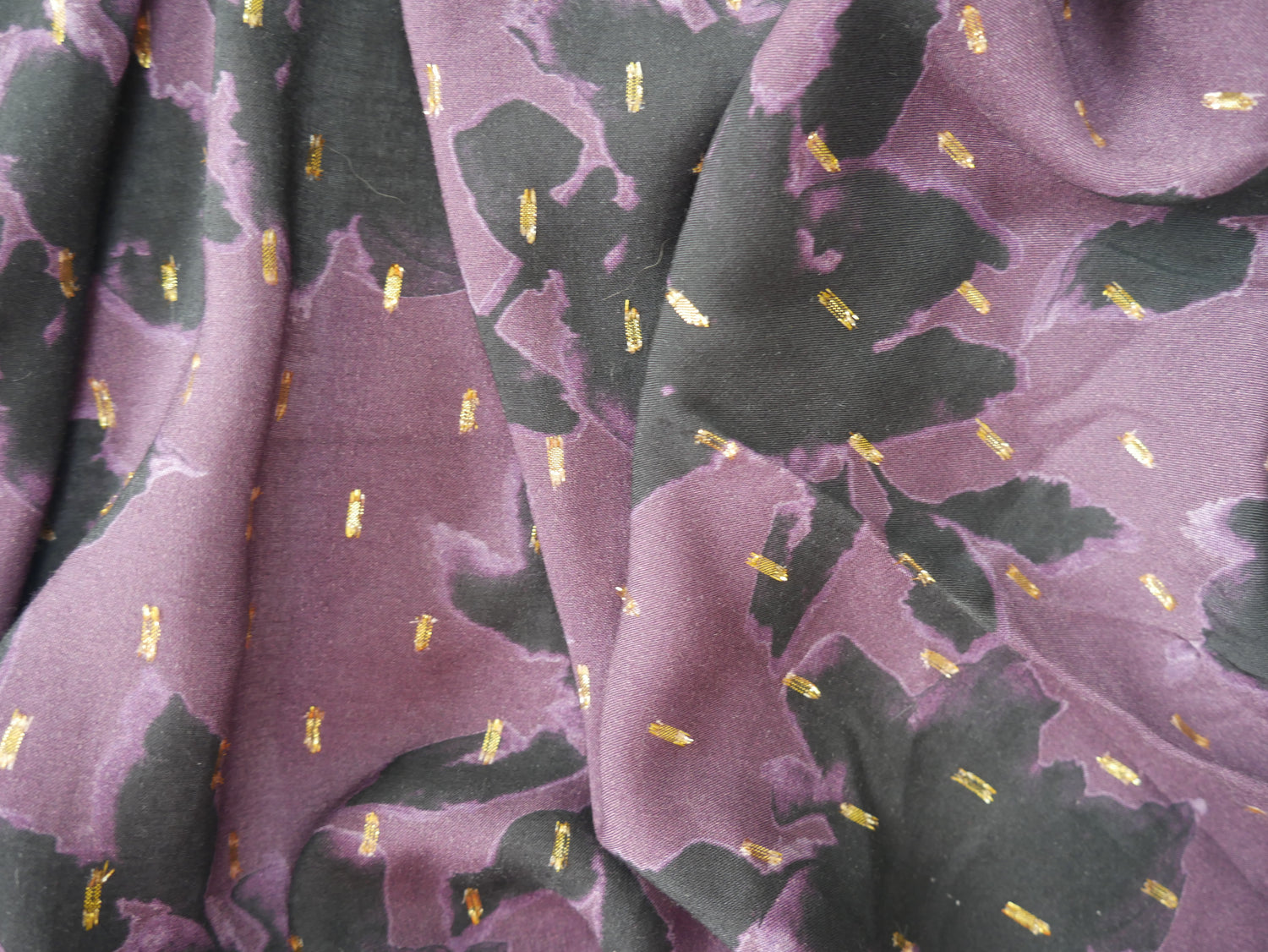 Digital Floral Viscose with Gold Flecks in Purple, £15.00 p/m-Viscose-Flying Bobbins Haberdashery