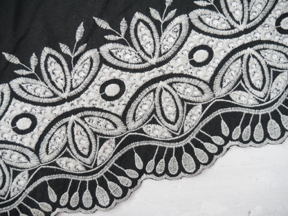 Linen Mix with Embroidered Border in Black £16.50 p/m-Viscose-Flying Bobbins Haberdashery