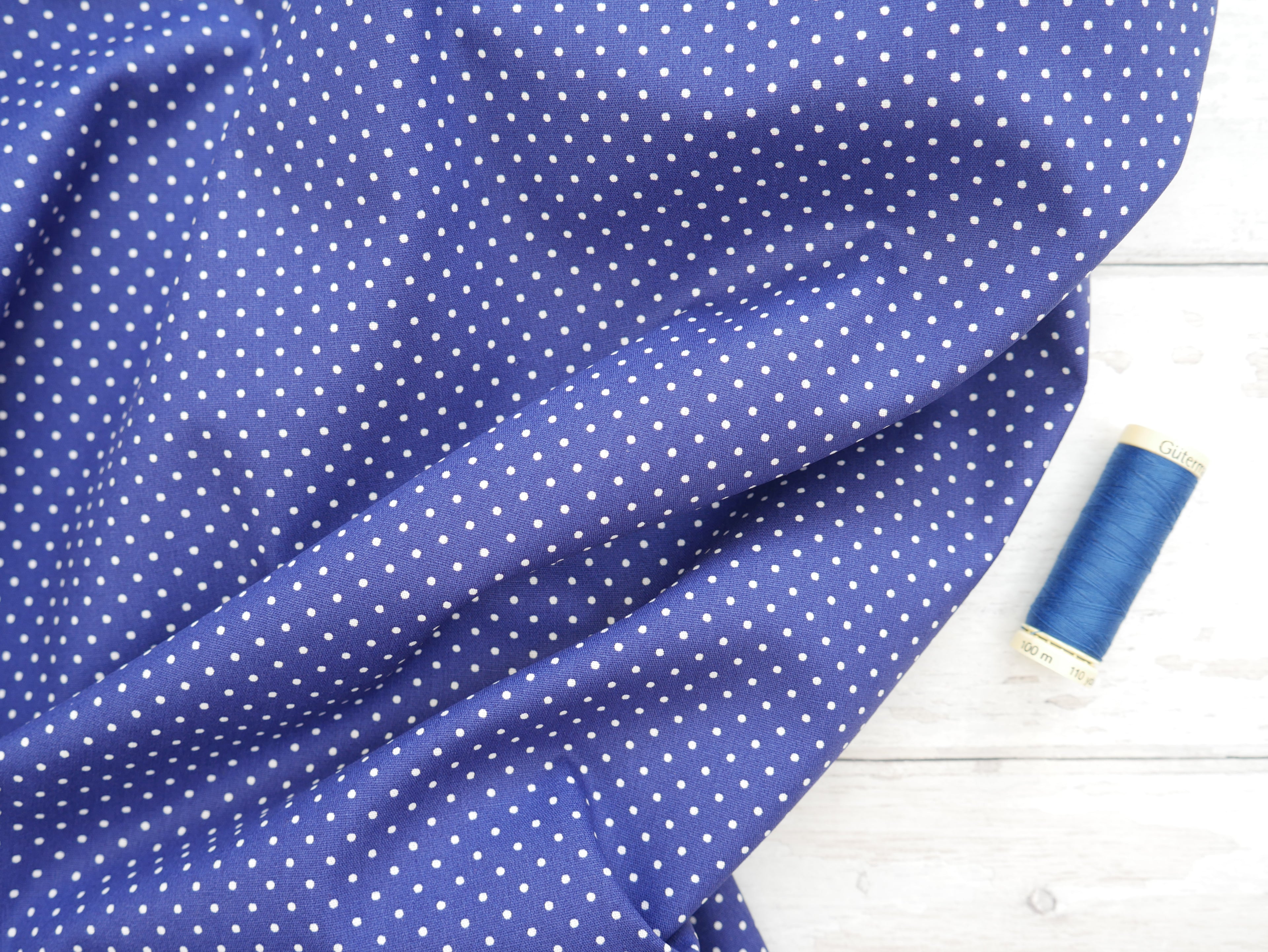 Pin-Spot Printed Cotton, Cobalt £8.50 p/m-Fabric-Flying Bobbins Haberdashery