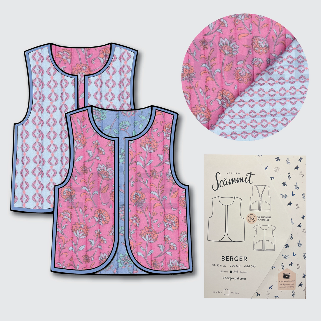 Berger Gilet Kit - Quilted Cotton in Pink/Sky-Sewing Kit-Flying Bobbins Haberdashery