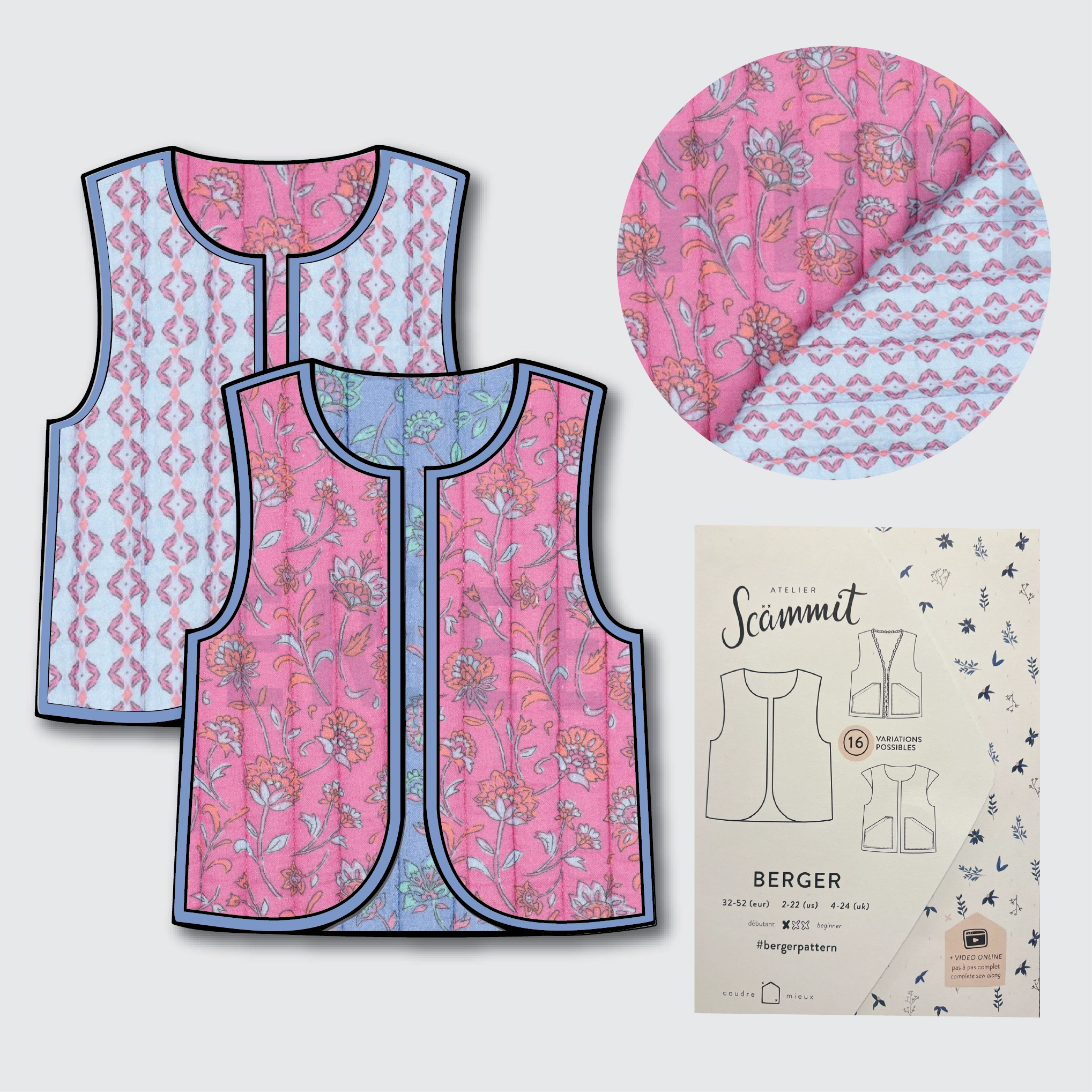 Berger Gilet Kit - Quilted Cotton in Pink/Sky-Sewing Kit-Flying Bobbins Haberdashery