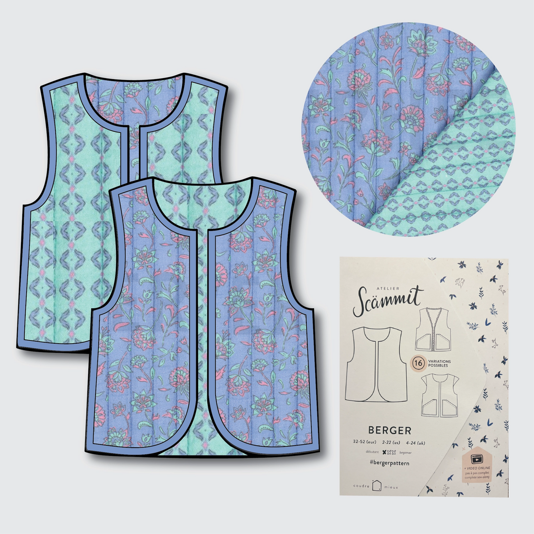 Berger Gilet Kit - Quilted Cotton in Sky/Mint-Sewing Kit-Flying Bobbins Haberdashery