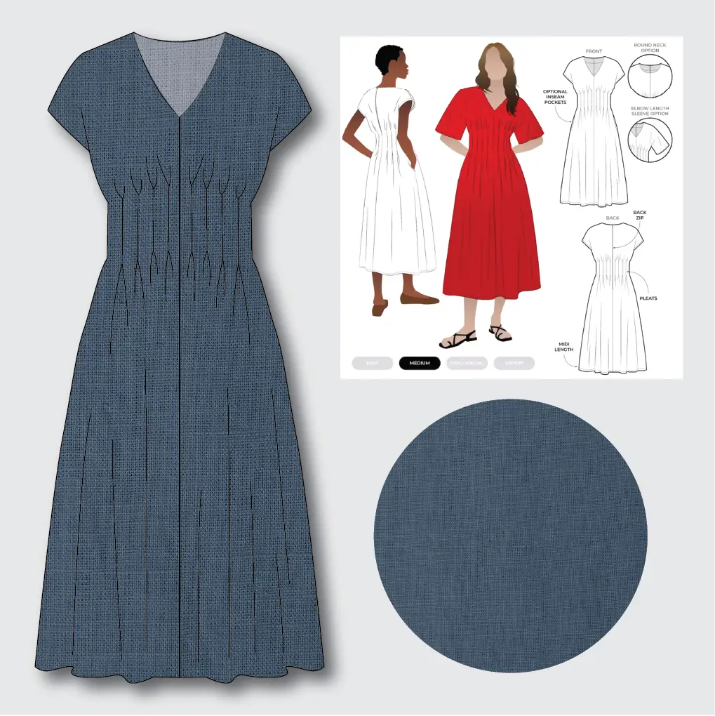 Bronte Dress Kit - Washed Linen in Denim Blue-Sewing Kit-Flying Bobbins Haberdashery