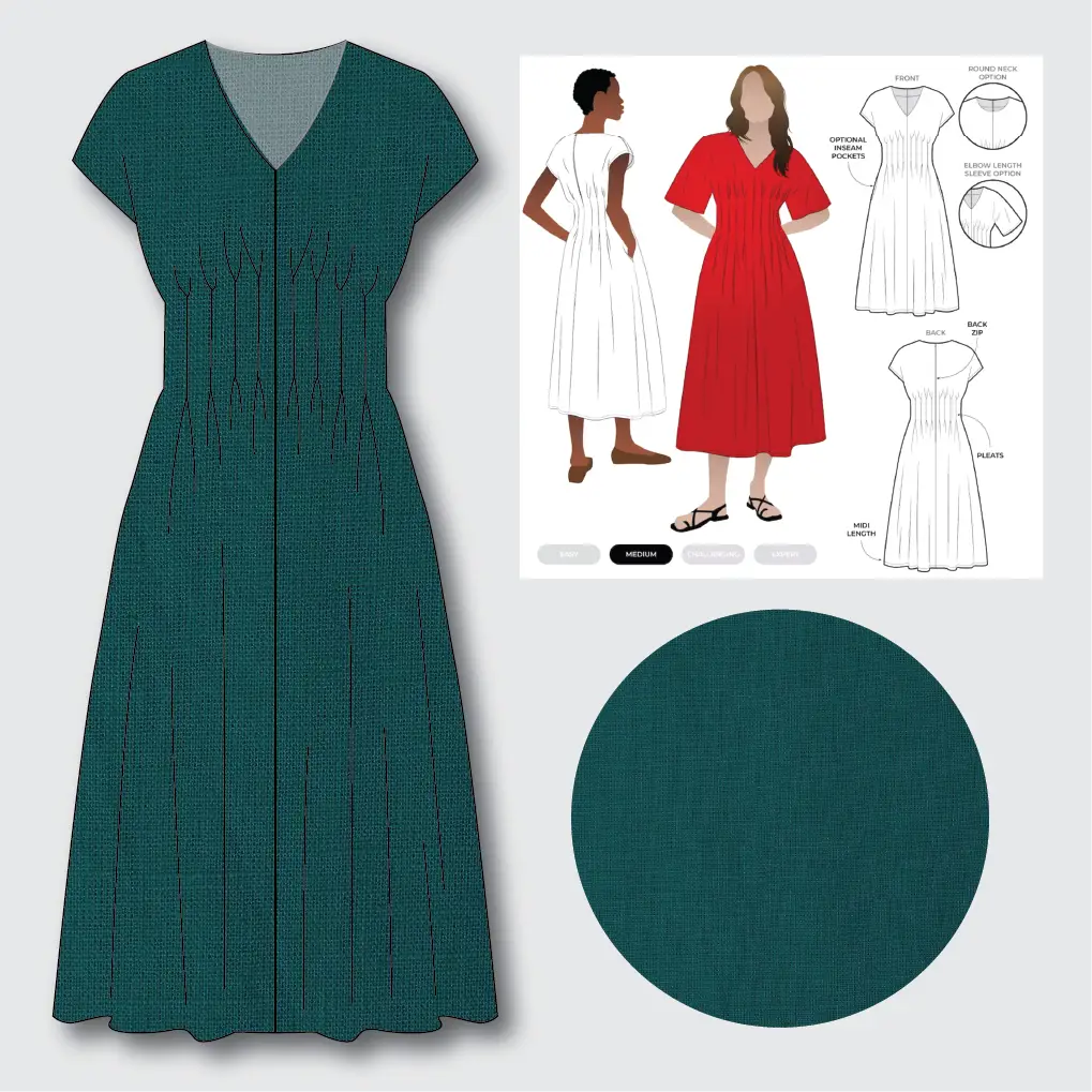 Bronte Dress Kit - Washed Linen in Peacock-Sewing Kit-Flying Bobbins Haberdashery