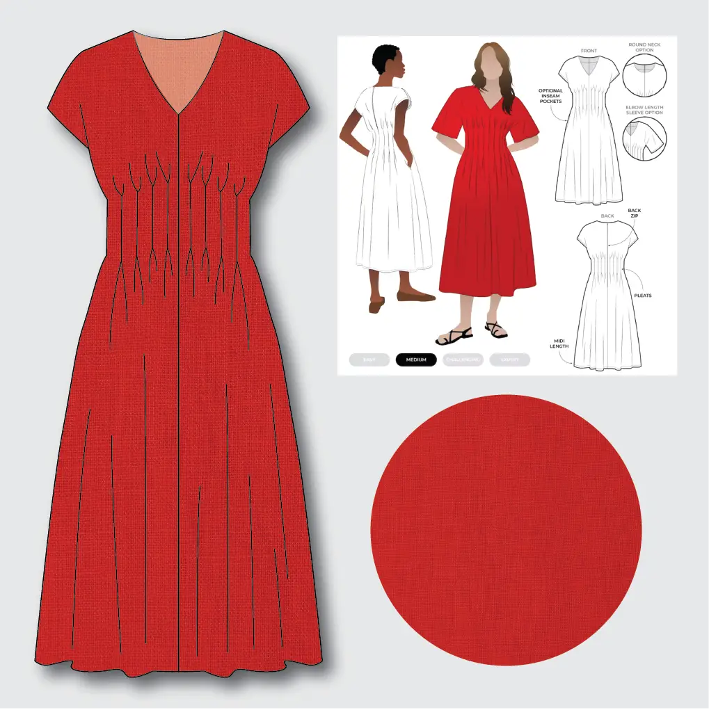 Bronte Dress Kit - Washed Linen in Red-Sewing Kit-Flying Bobbins Haberdashery