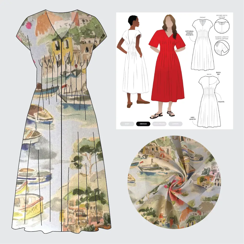 Bronte Dress Kit - Silk Cassia Noil in Venice Print-Sewing Kit-Flying Bobbins Haberdashery