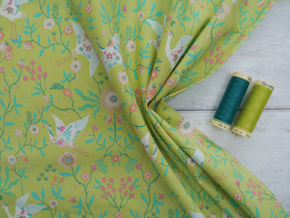 Blossom Days by Dashwood Studios, Cranes in Chartreuse, £14.20 pm-Cotton-Flying Bobbins Haberdashery
