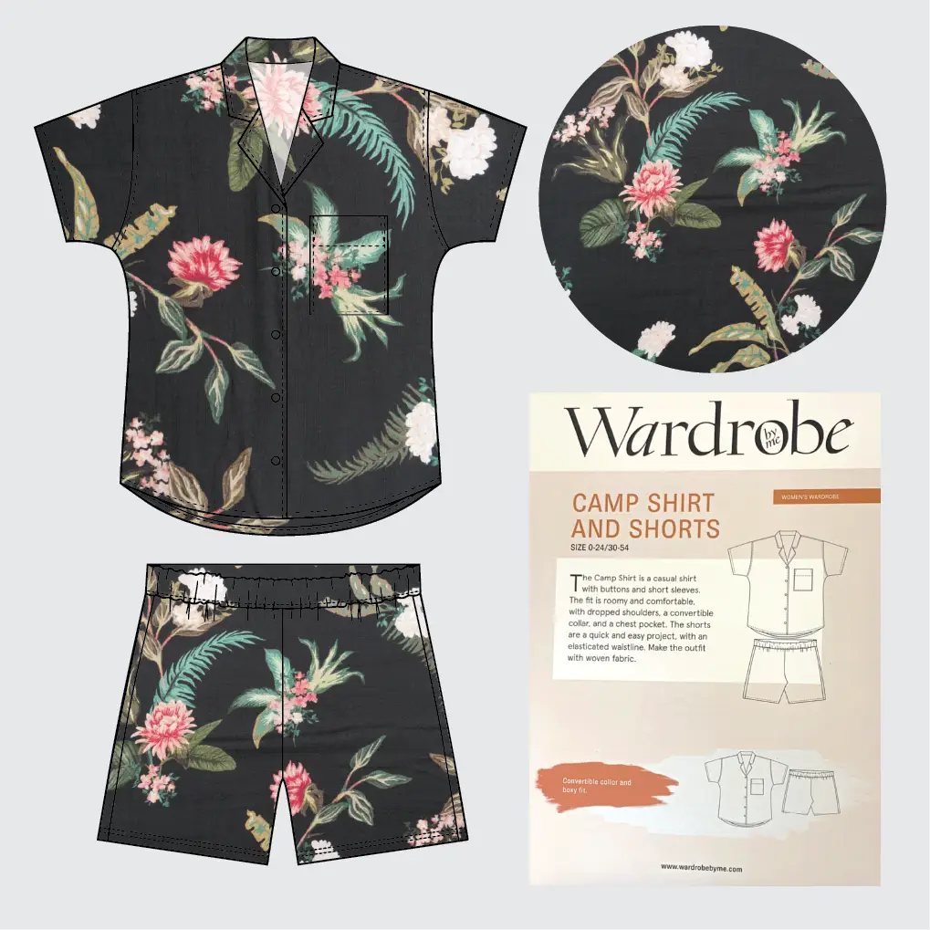 Camp Shirt Kit - Dame Fleur Crepe in Black-Sewing Kit-Flying Bobbins Haberdashery