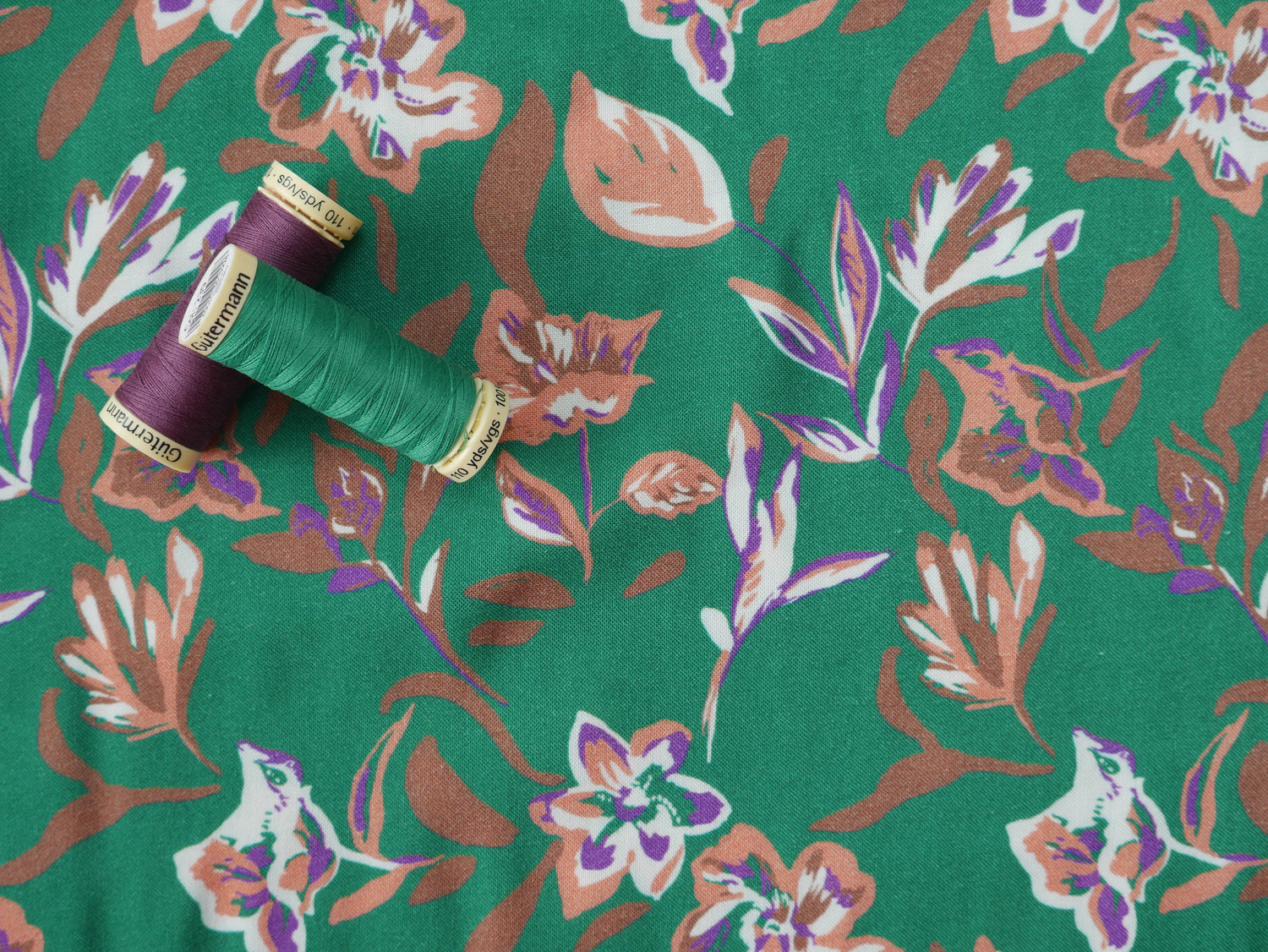 Floral Print Viscose Challis in Green £13.00 p/m-Viscose-Flying Bobbins Haberdashery