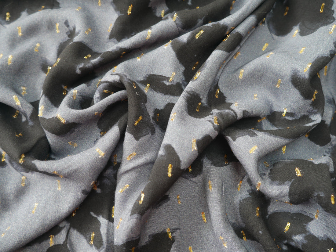 Digital Floral Viscose with Gold Flecks in Blue, £15.00 p/m-Viscose-Flying Bobbins Haberdashery