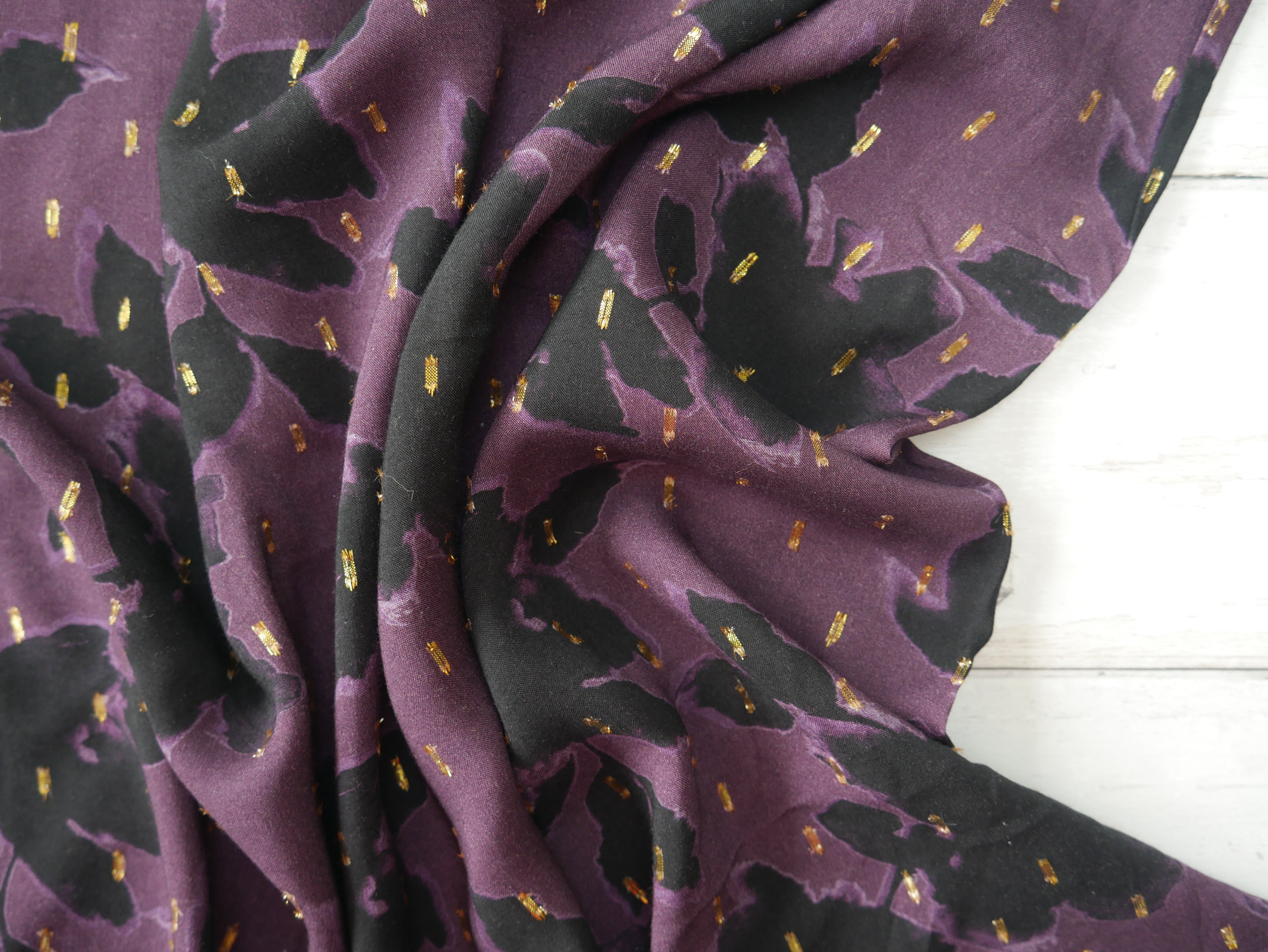 Digital Floral Viscose with Gold Flecks in Purple, £15.00 p/m-Viscose-Flying Bobbins Haberdashery