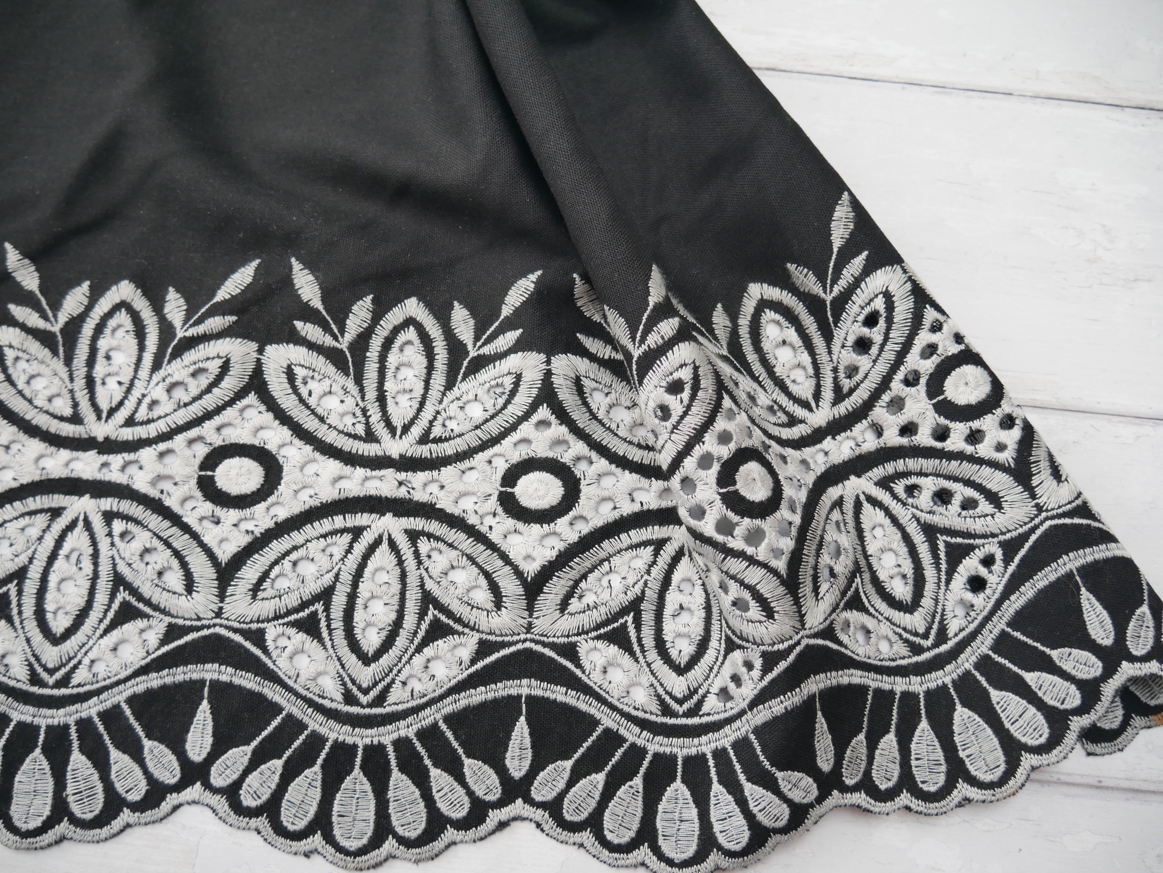 Linen Mix with Embroidered Border in Black £16.50 p/m-Viscose-Flying Bobbins Haberdashery