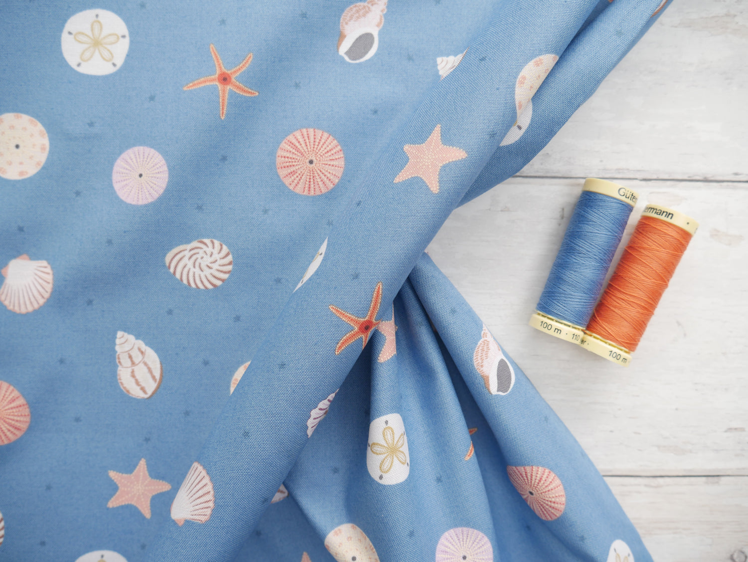 Sea Shells in Blue by Lewis &amp; Irene, £12.90 pm-Cotton-Flying Bobbins Haberdashery