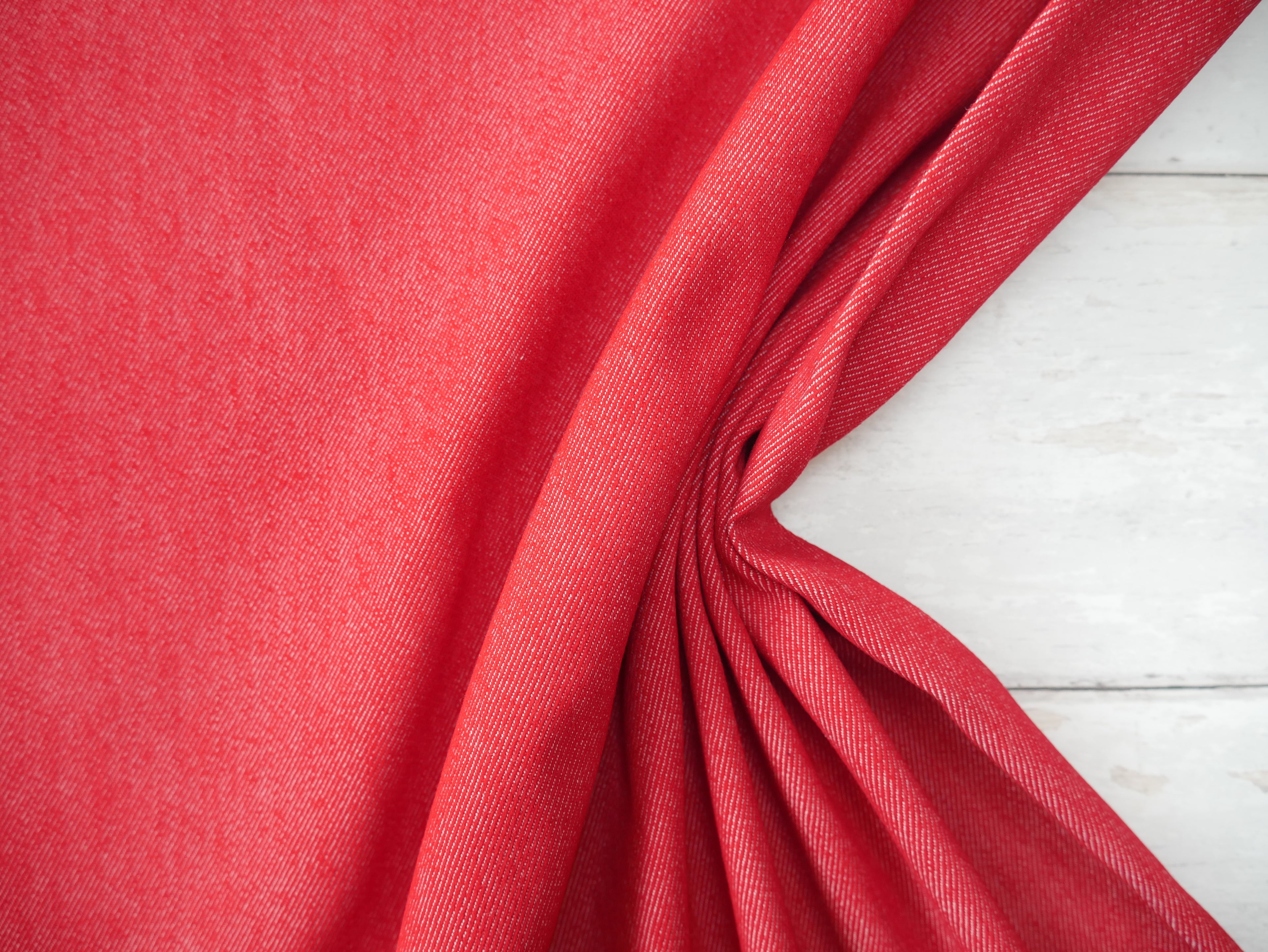 Stretch Denim in Red, £15.00 p/m-Denim-Flying Bobbins Haberdashery
