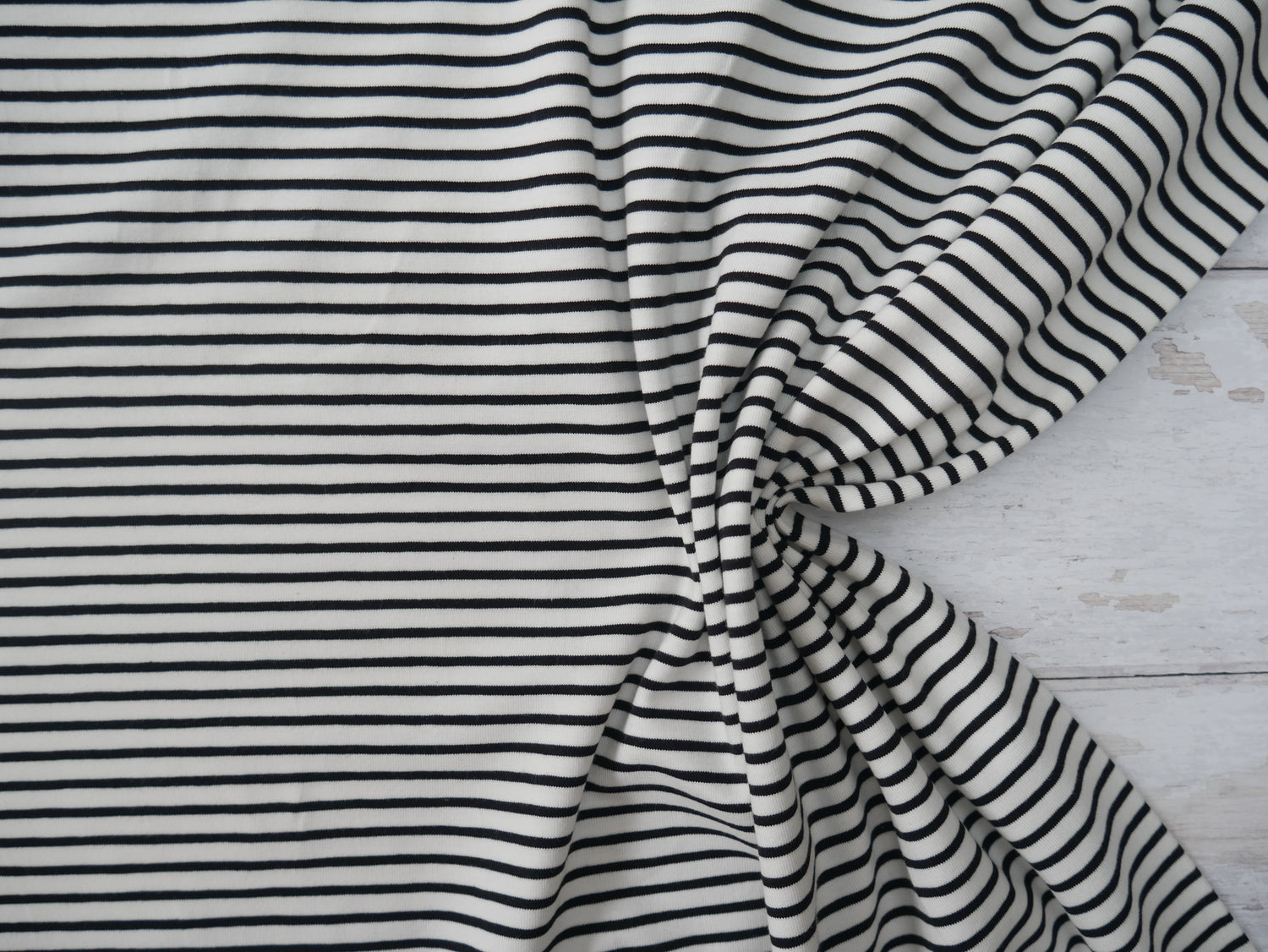 Breton Stripe Cotton Jersey in Black &amp; Ivory £16.00 pm-Cotton Jersey-Flying Bobbins Haberdashery