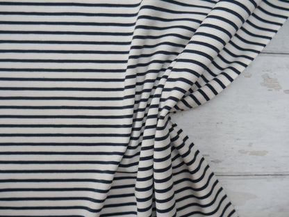 Breton Stripe Cotton Jersey in Navy &amp; Ivory £16.00 pm-Cotton Jersey-Flying Bobbins Haberdashery