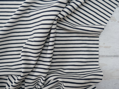 Breton Stripe Cotton Jersey in Navy &amp; Ivory £16.00 pm-Cotton Jersey-Flying Bobbins Haberdashery