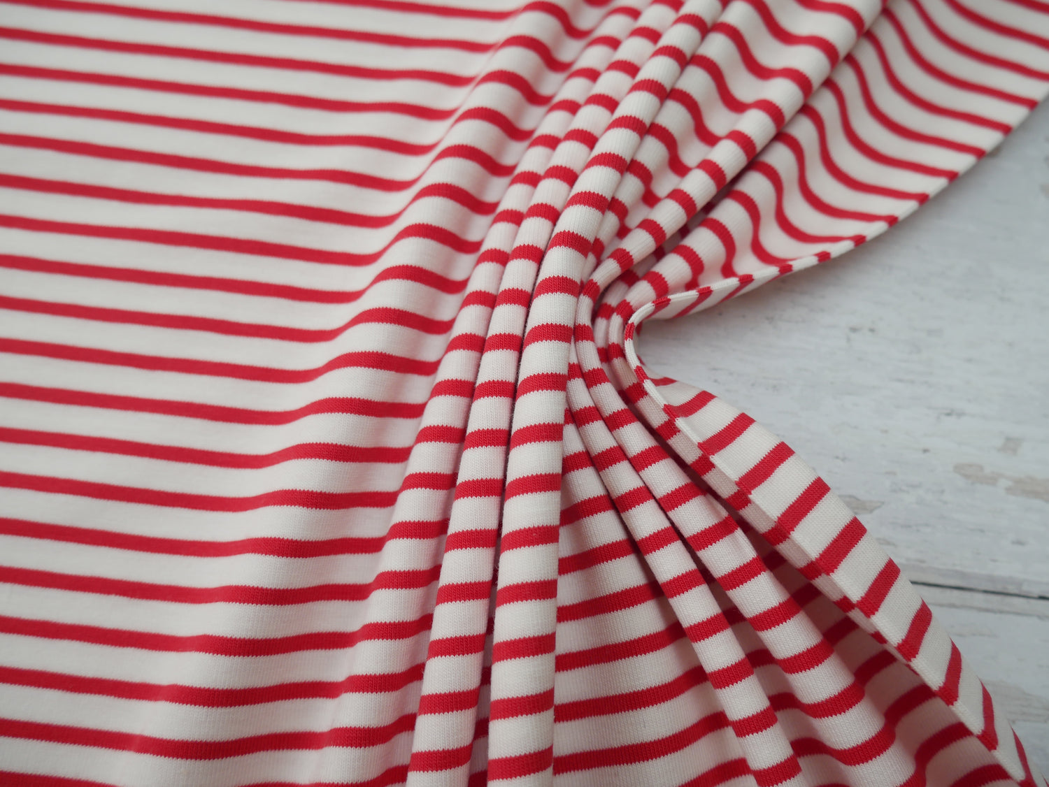 Breton Stripe Cotton Jersey in Red &amp; Ivory £16.00 pm-Cotton Jersey-Flying Bobbins Haberdashery