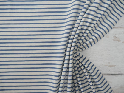 Breton Stripe Cotton Jersey in Sky &amp; Ivory £16.00 pm-Cotton Jersey-Flying Bobbins Haberdashery