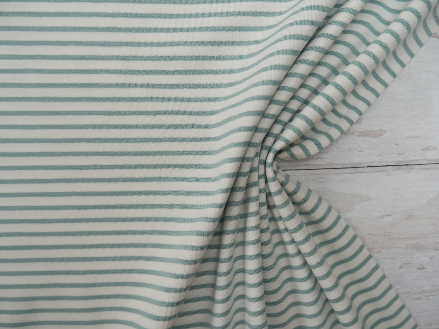 Breton Stripe Cotton Jersey in Sage &amp; Ivory £16.00 pm-Cotton Jersey-Flying Bobbins Haberdashery