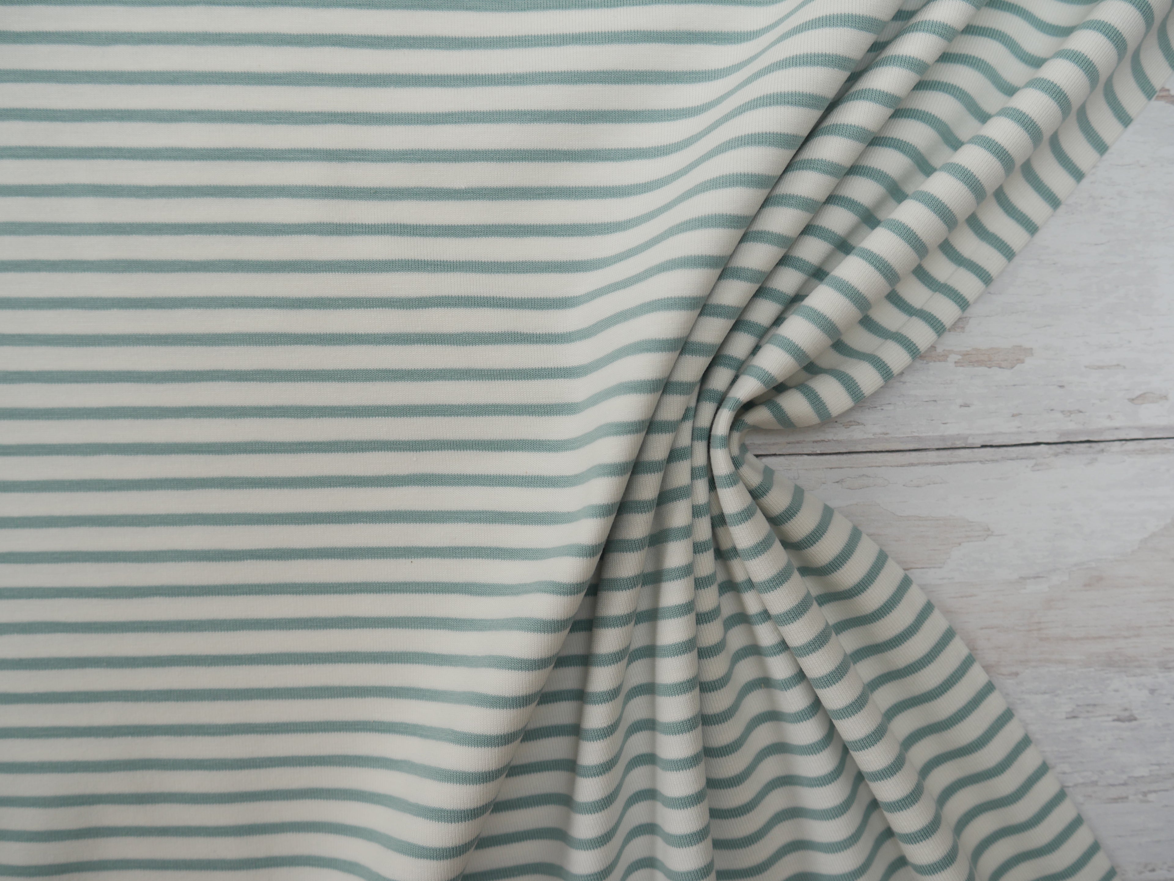 Breton Stripe Cotton Jersey in Sage &amp; Ivory £16.00 pm-Cotton Jersey-Flying Bobbins Haberdashery