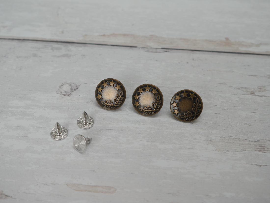 Jeans Buttons, 17mm in Antique Brass-Jeans Buttons-Flying Bobbins Haberdashery