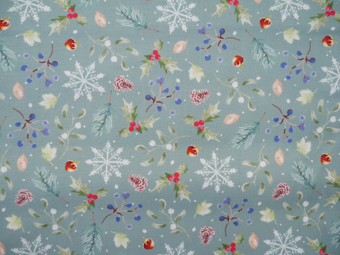 Feathered Foliage Printed Cotton, Holly Harvest, £8.40 p/m-Cotton Fabric-Flying Bobbins Haberdashery