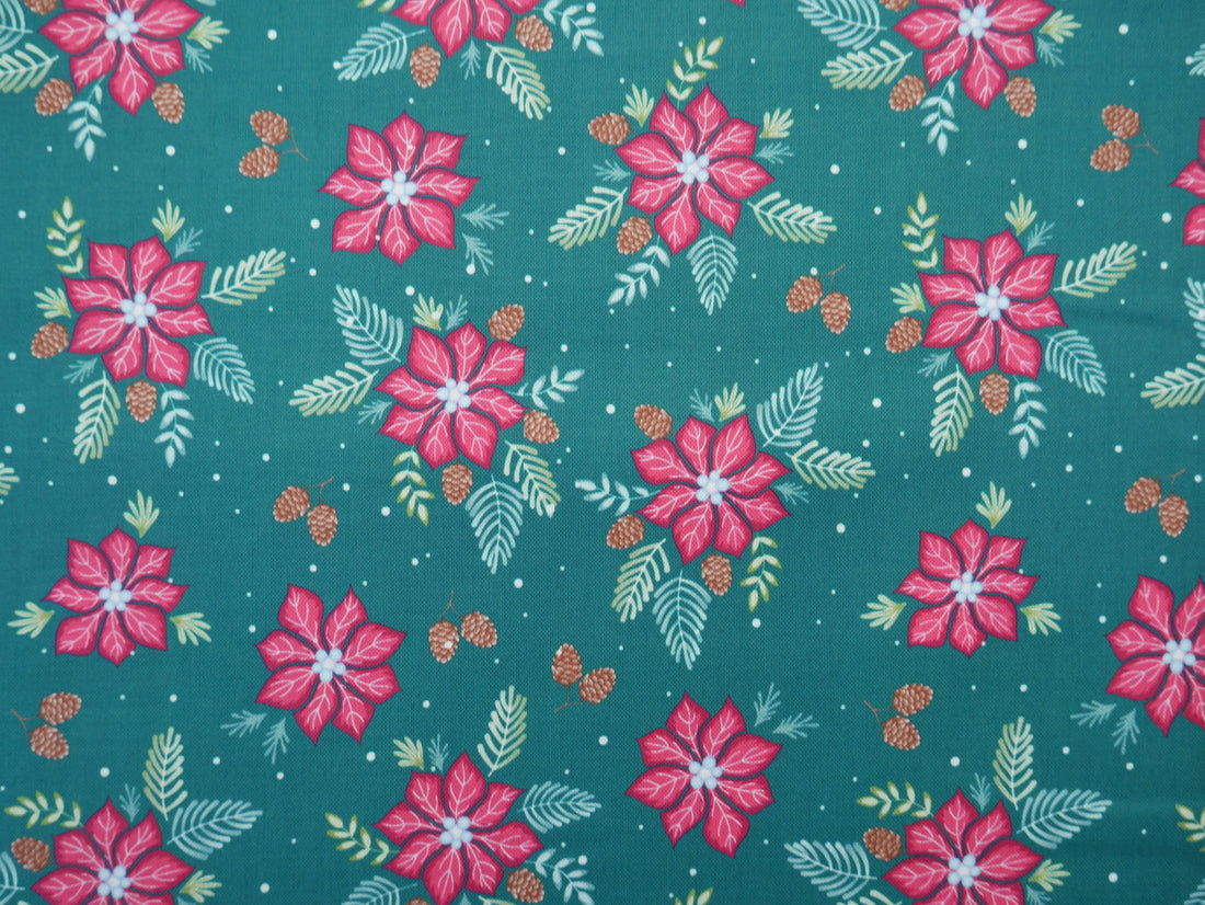 Jewelled Christmas Printed Cotton, Poinsettia Pine, £7.50 p/m-Cotton Fabric-Flying Bobbins Haberdashery
