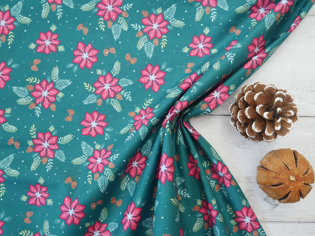Jewelled Christmas Printed Cotton, Poinsettia Pine, £7.50 p/m-Cotton Fabric-Flying Bobbins Haberdashery