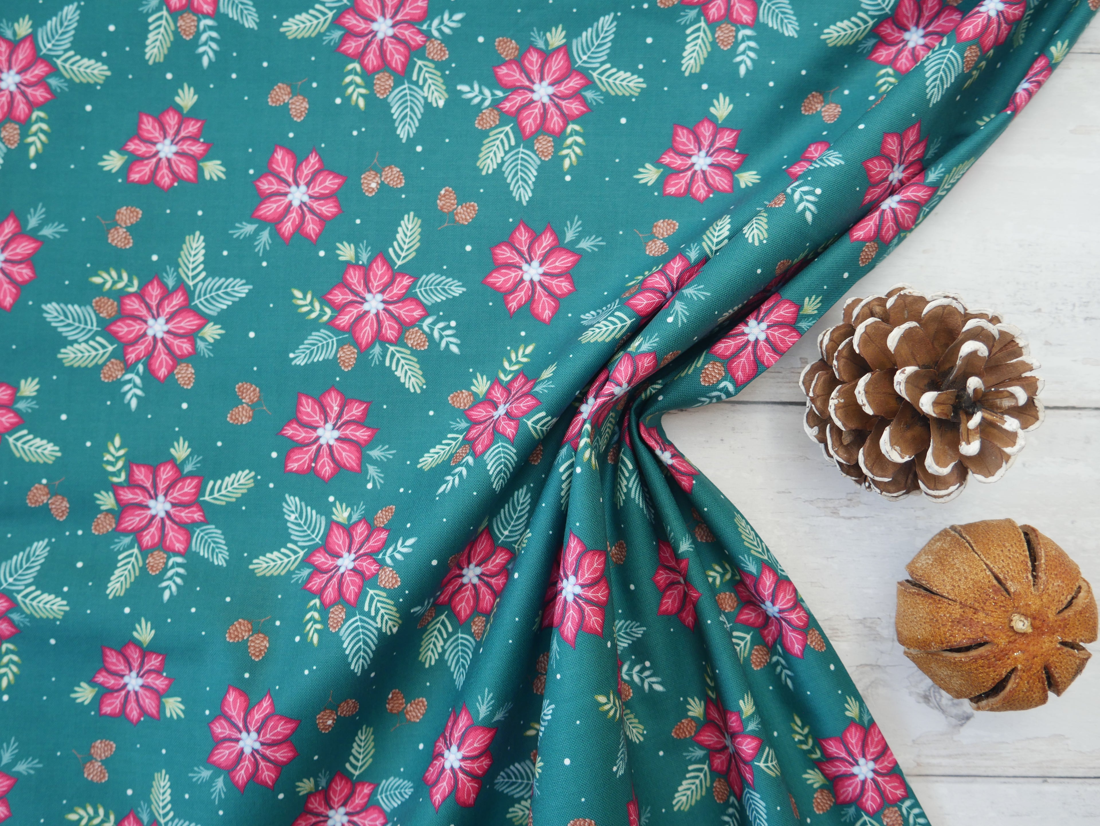 Jewelled Christmas Printed Cotton, Poinsettia Pine, £7.50 p/m-Cotton Fabric-Flying Bobbins Haberdashery