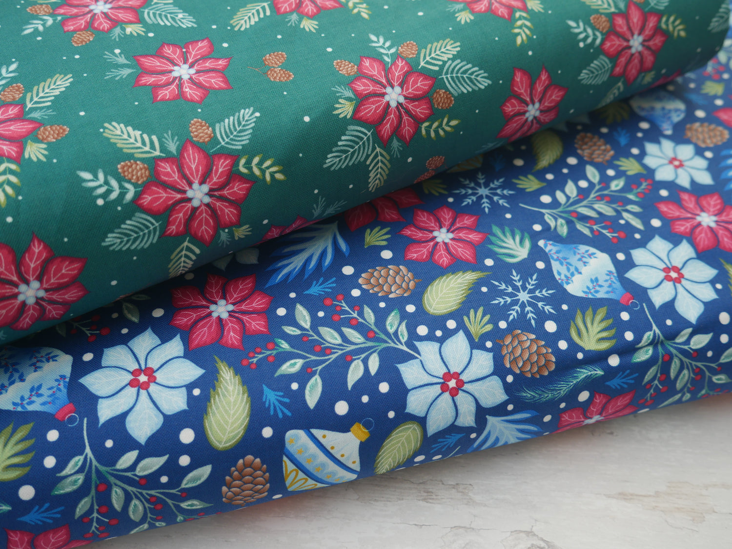Jewelled Christmas Printed Cotton, Poinsettia Pine, £7.50 p/m-Cotton Fabric-Flying Bobbins Haberdashery