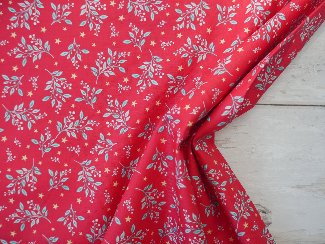 Jewelled Christmas Printed Cotton, Berry Mistletoe, £7.50 p/m-Cotton Fabric-Flying Bobbins Haberdashery